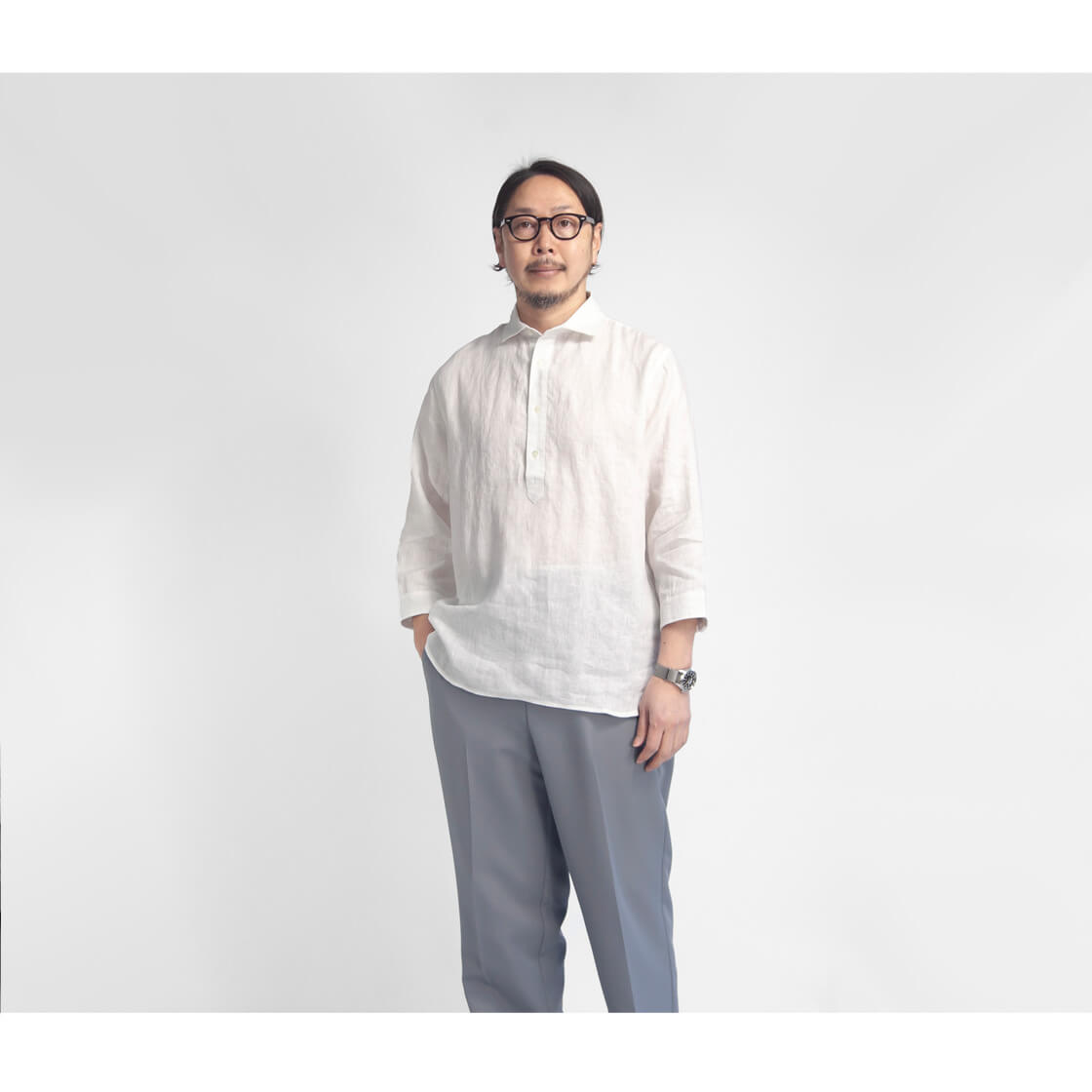 LAOTOUR 麻100％ フレンチリネン プルオーバーシャツ ワイドカラー