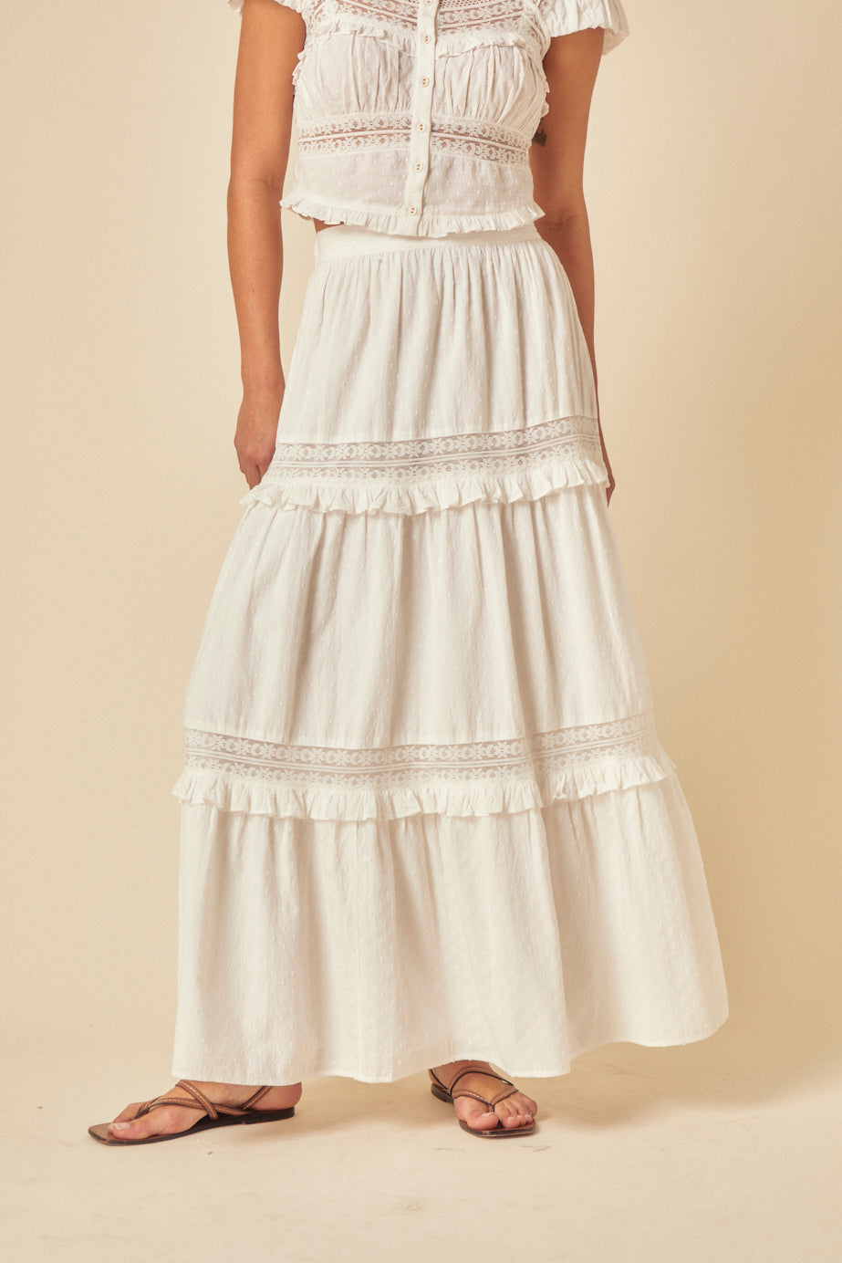 White Tiered Lace Detail Skirt