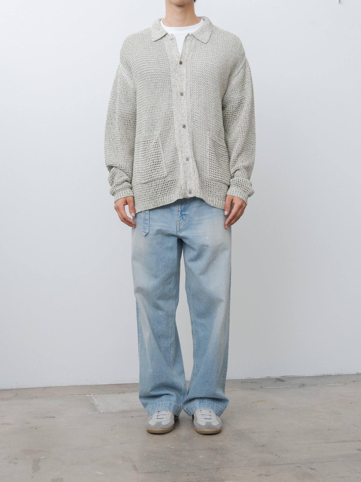 Namu Shop - Yoke Mesh Knitted Shirt Cardigan - White