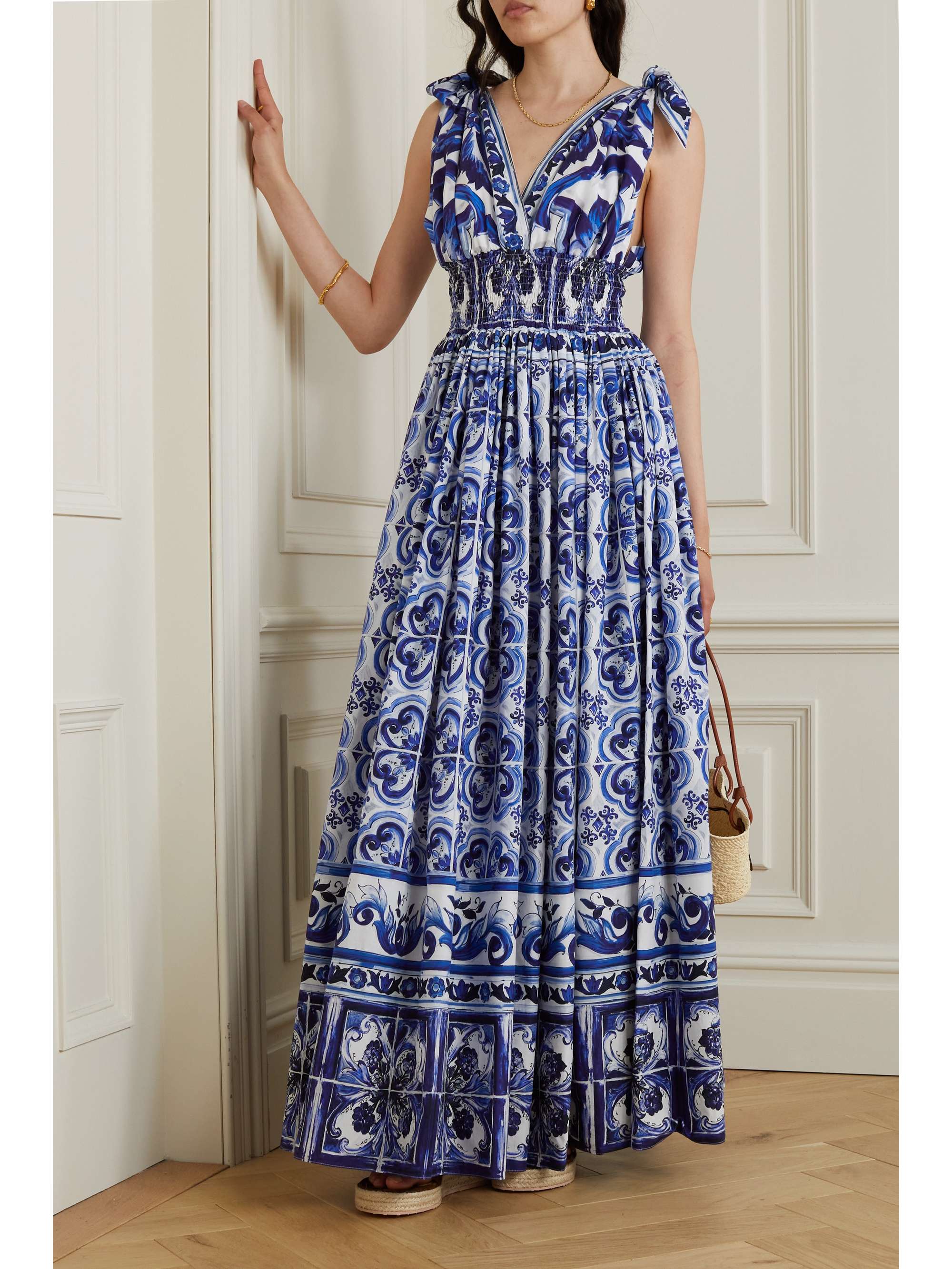 DOLCE&GABBANA Maiolica open-back shirred printed cotton-poplin