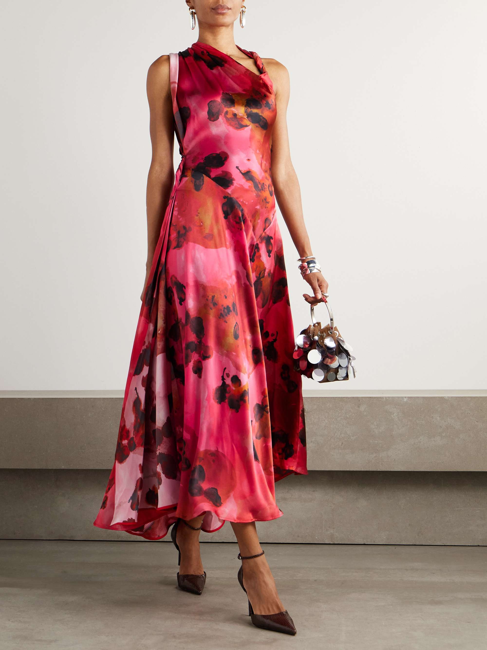 VICTORIA BECKHAM Draped floral-print silk-satin midi dress | NET-A