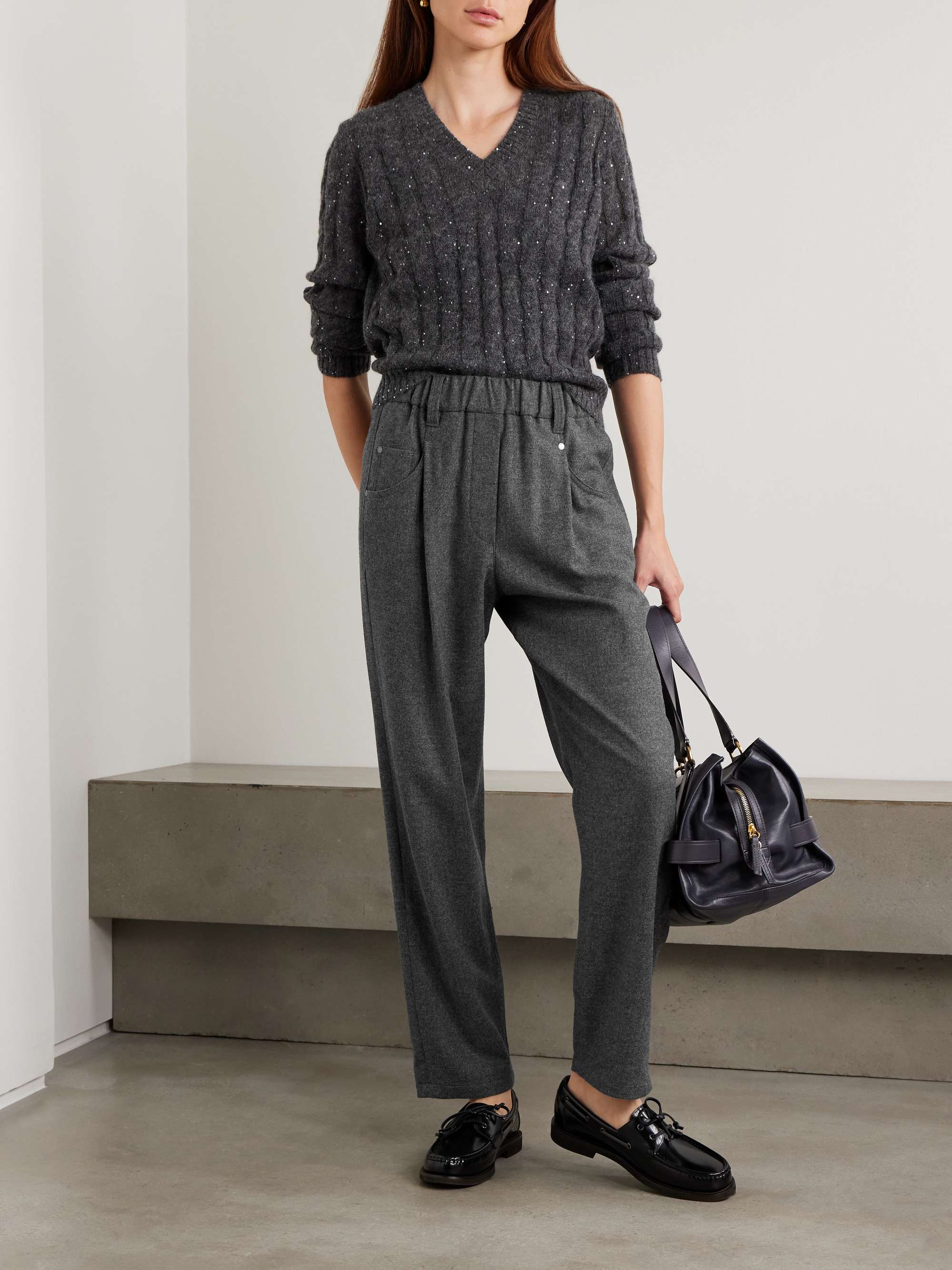 BRUNELLO CUCINELLI Cropped pleated virgin wool and cashmere-blend