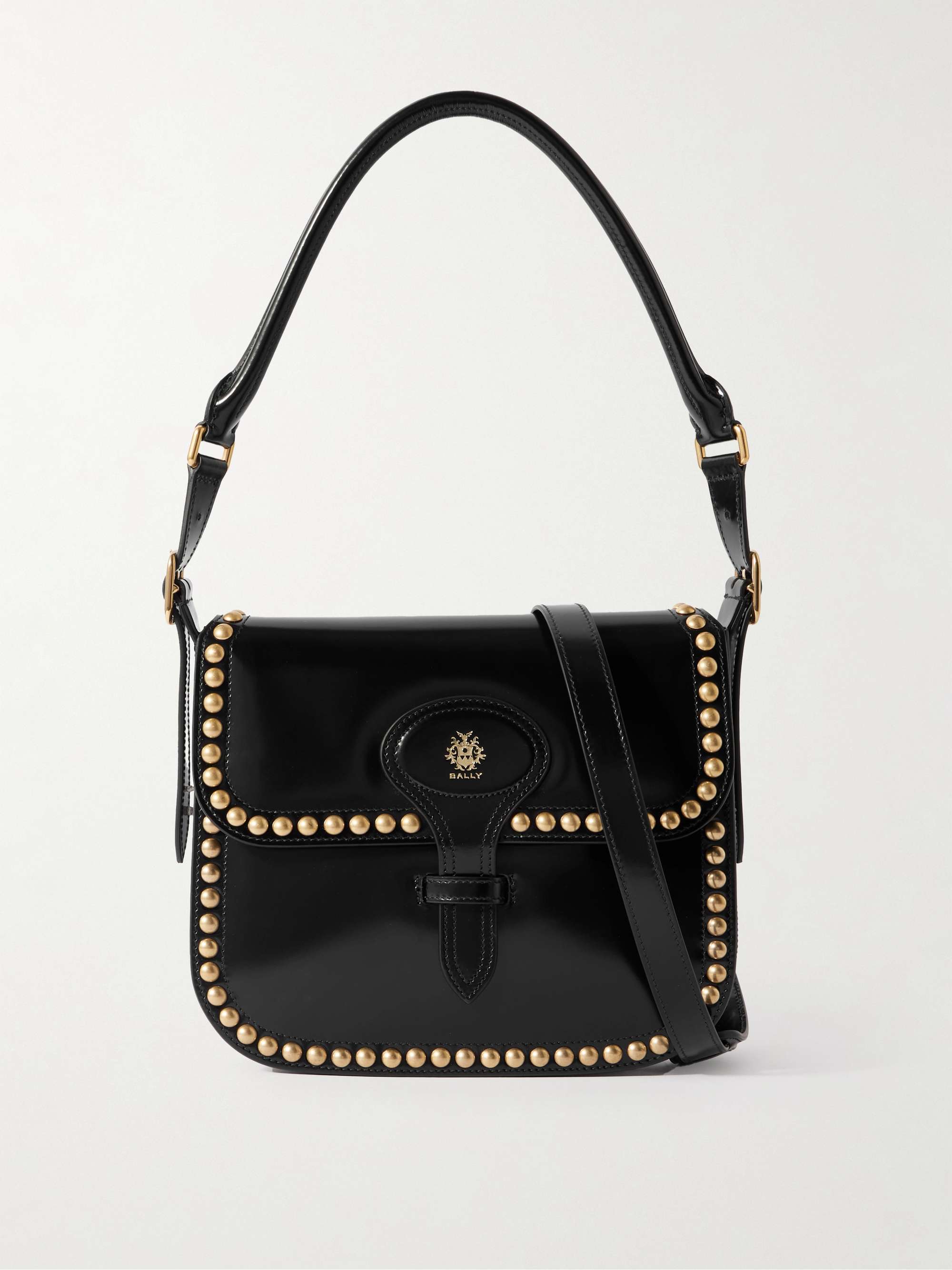 BALLY Beckett Flat medium studded glossed-leather shoulder bag