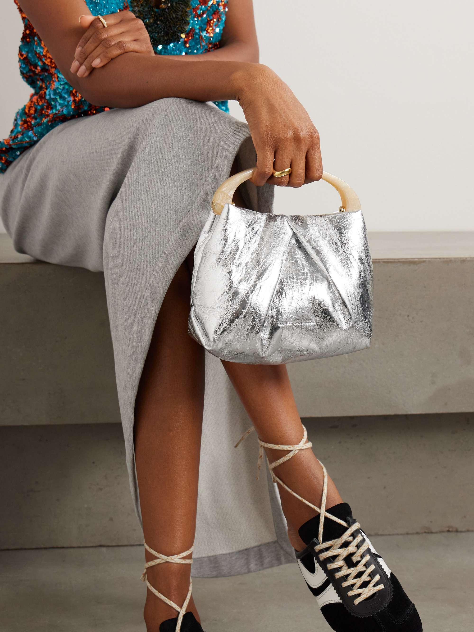 DRIES VAN NOTEN Pleated metallic crinkled-leather shoulder bag