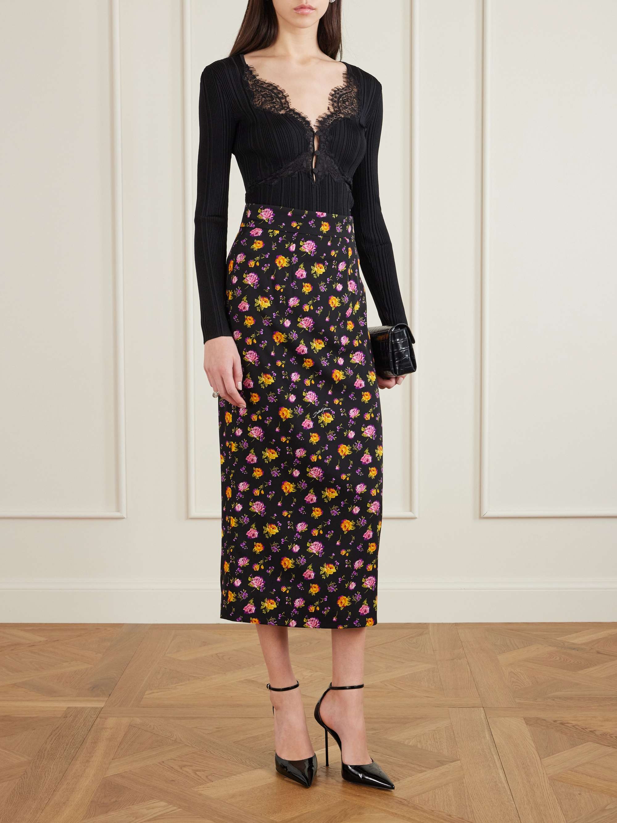 DOLCE&GABBANA Pleated floral-print silk-blend charmeuse midi skirt