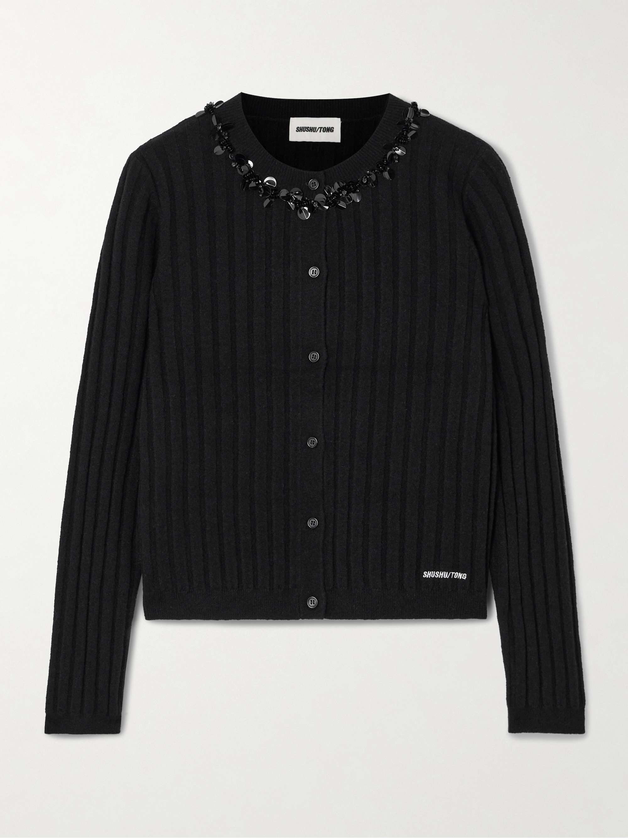 SHUSHU/TONG Embellished embroidered ribbed wool-blend cardigan