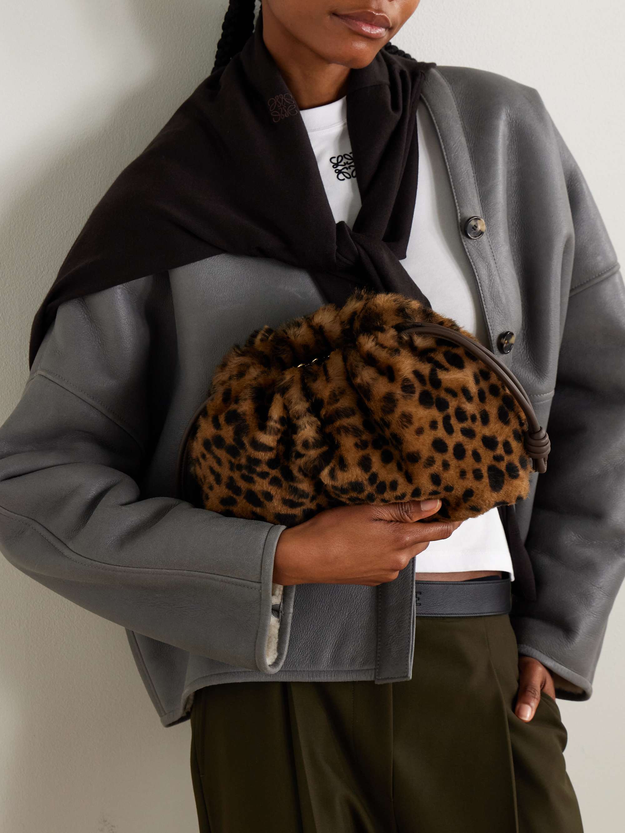LOEWE Flamenco medium leather-trimmed leopard-print shearling