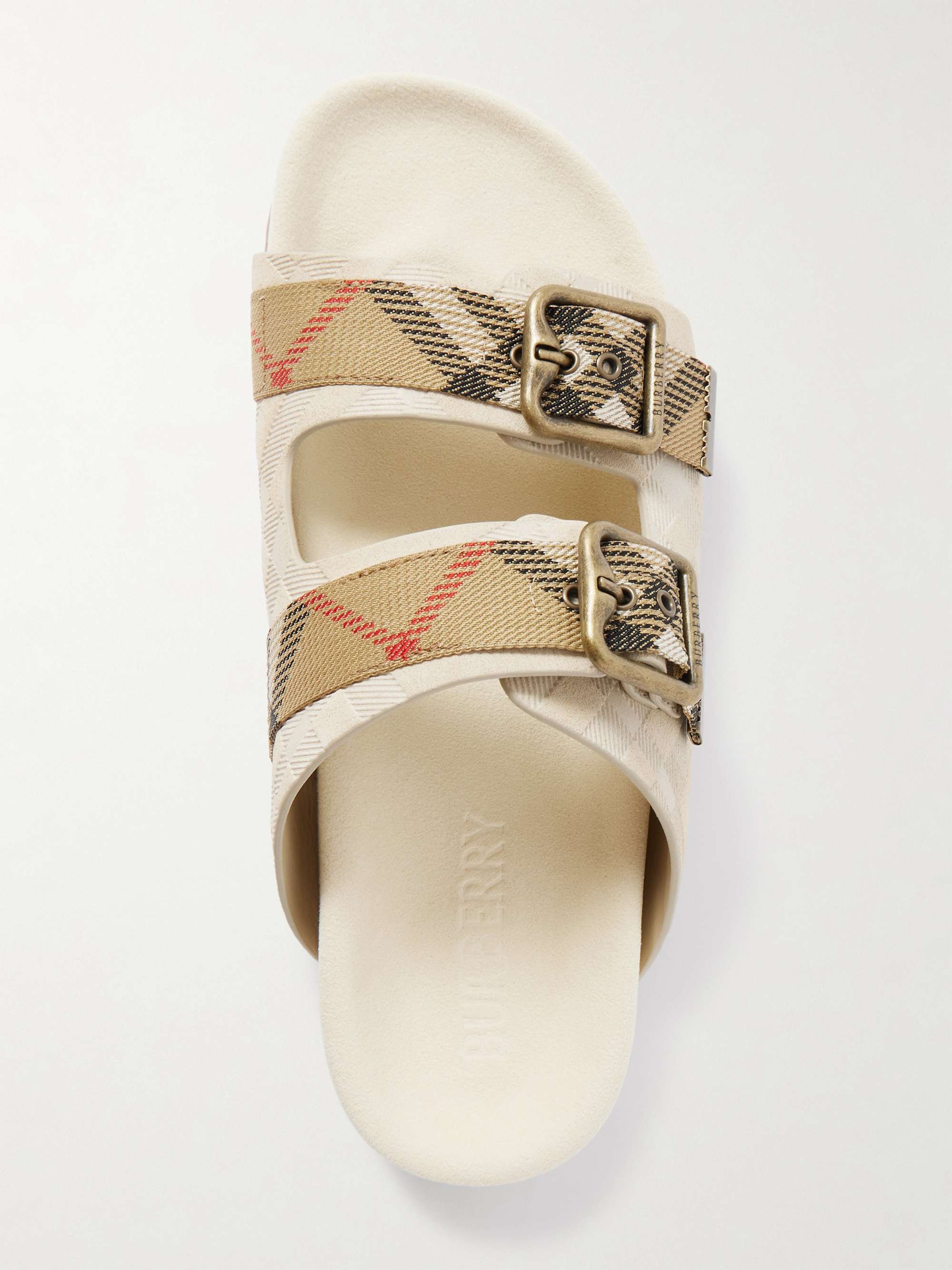 BURBERRY Checked canvas jacquard-trimmed suede sandals | NET-A-PORTER