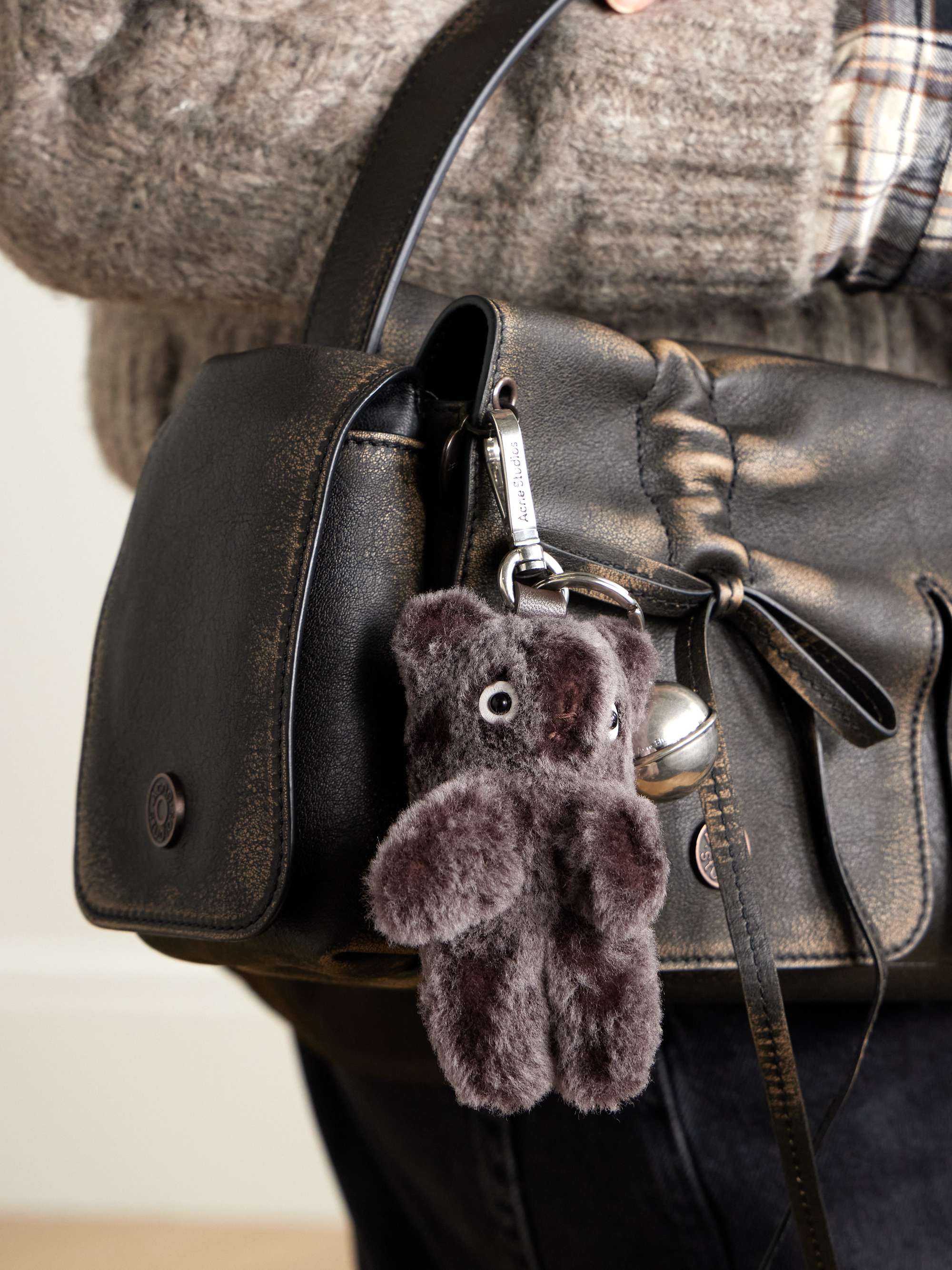 ACNE STUDIOS Silver-tone leather-trimmed shearling keychain | NET