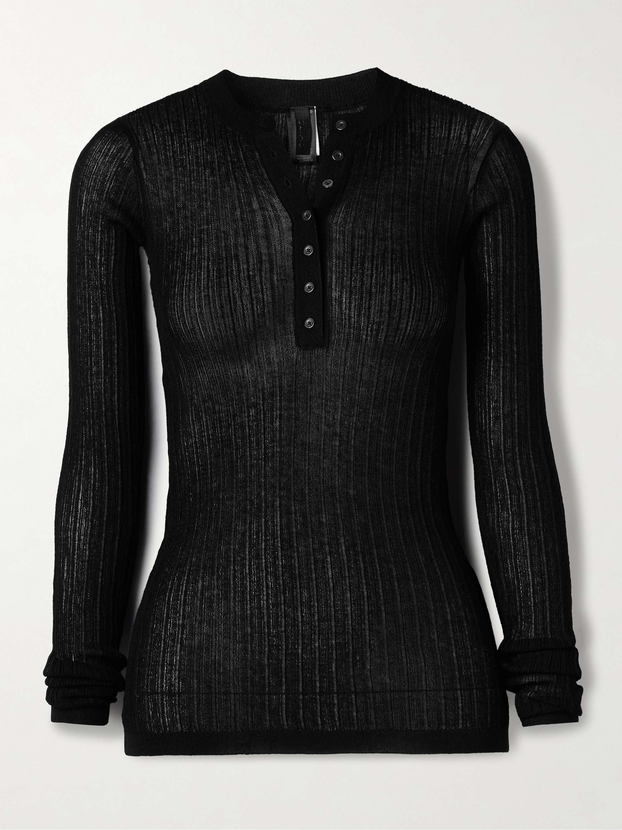 SKIMS Sheer Knit Long Sleeve Henley - Onyx | NET-A-PORTER