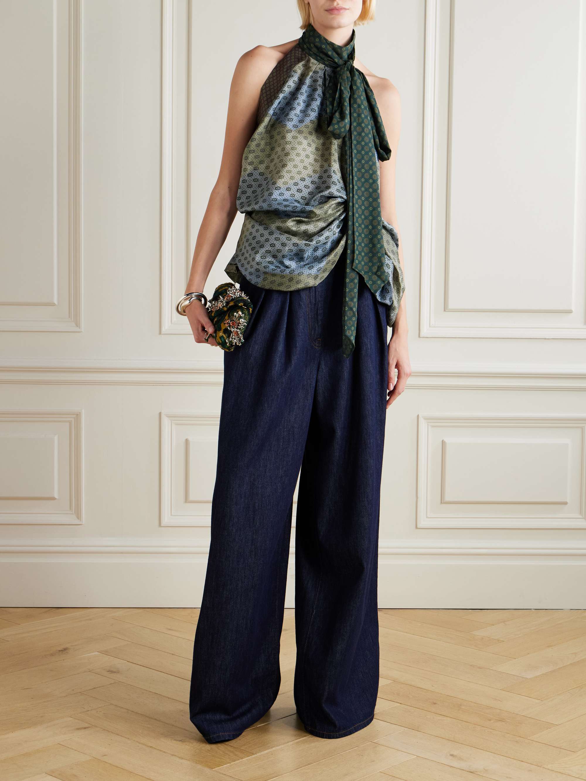 DRIES VAN NOTEN Velvet-trimmed gathered printed crepe de chine