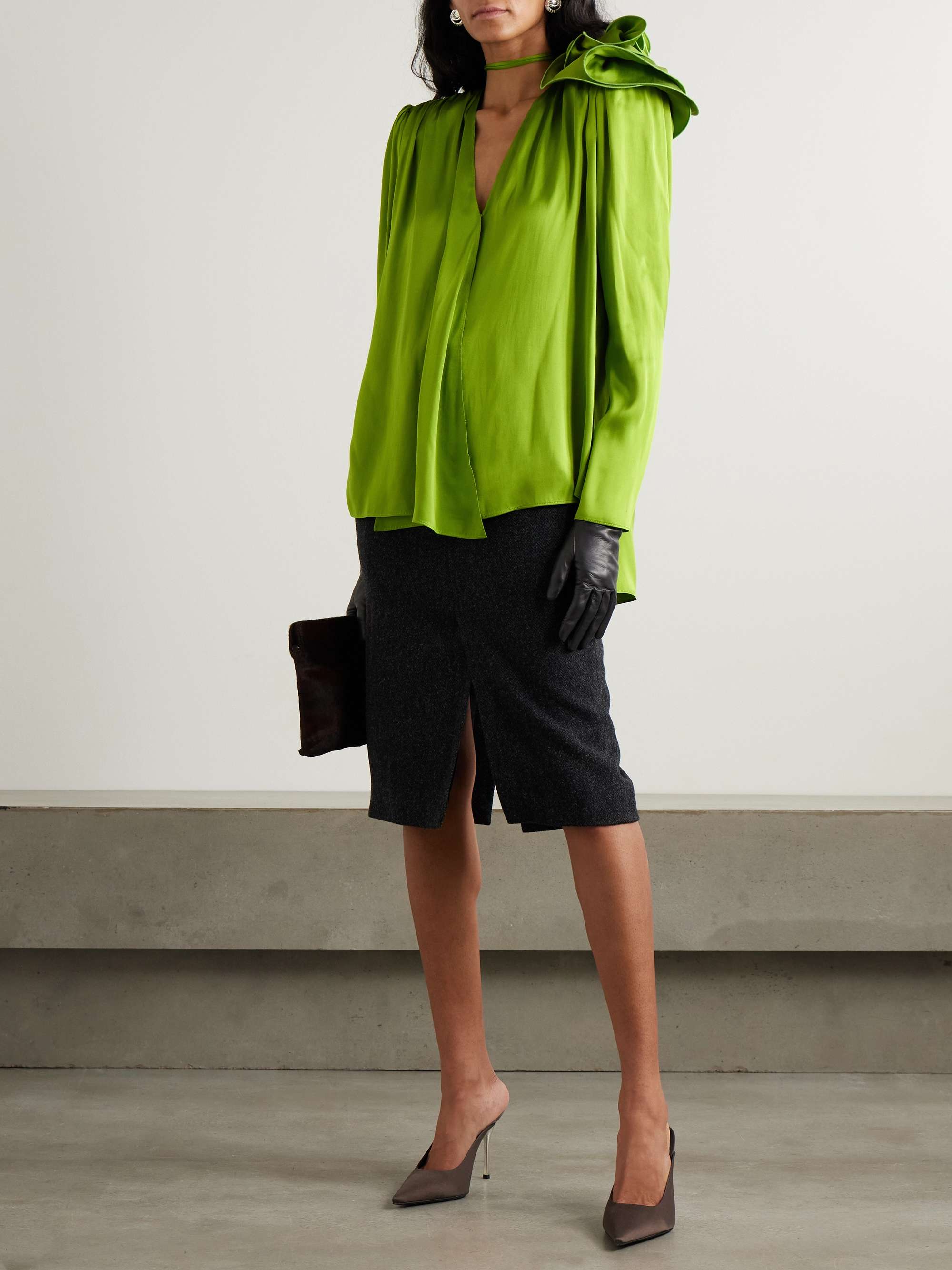 MAGDA BUTRYM Appliquéd gathered silk-satin blouse | NET-A-PORTER