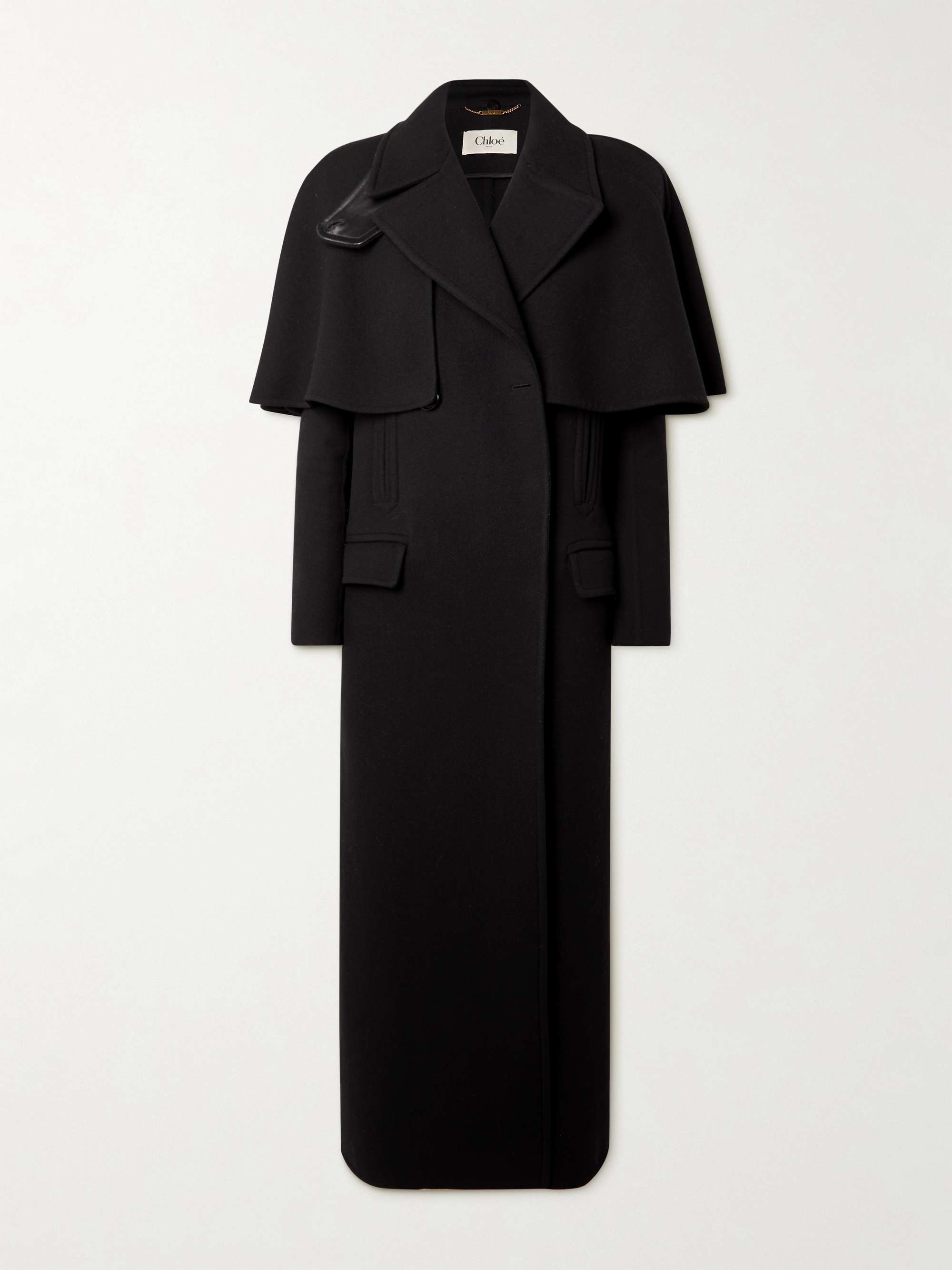 CHLOÉ Cape-effect double-breasted leather-trimmed wool coat | NET