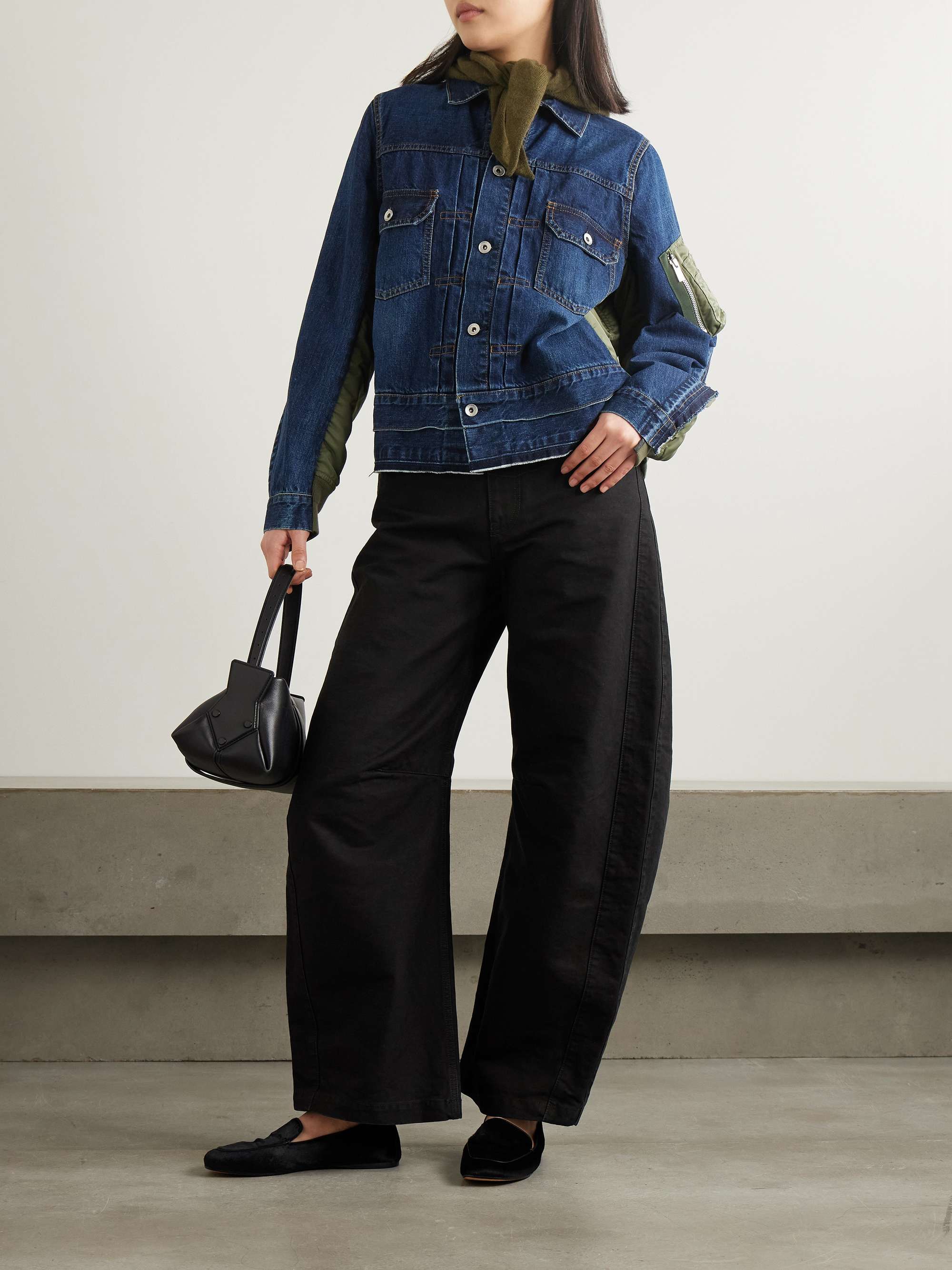 SACAI Paneled distressed denim and shell jacket | NET-A-PORTER