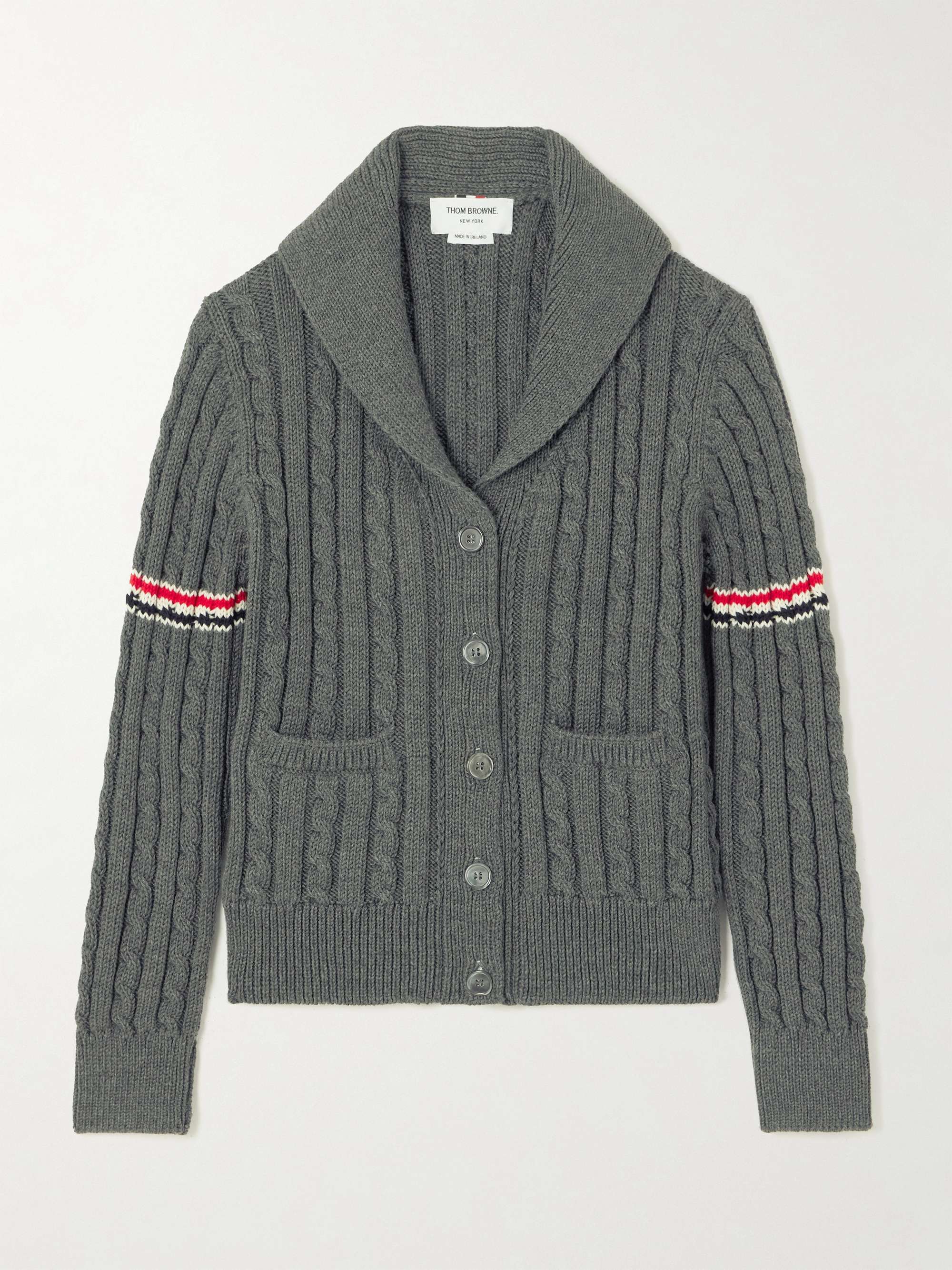 THOM BROWNE Striped cable-knit wool cardigan | NET-A-PORTER