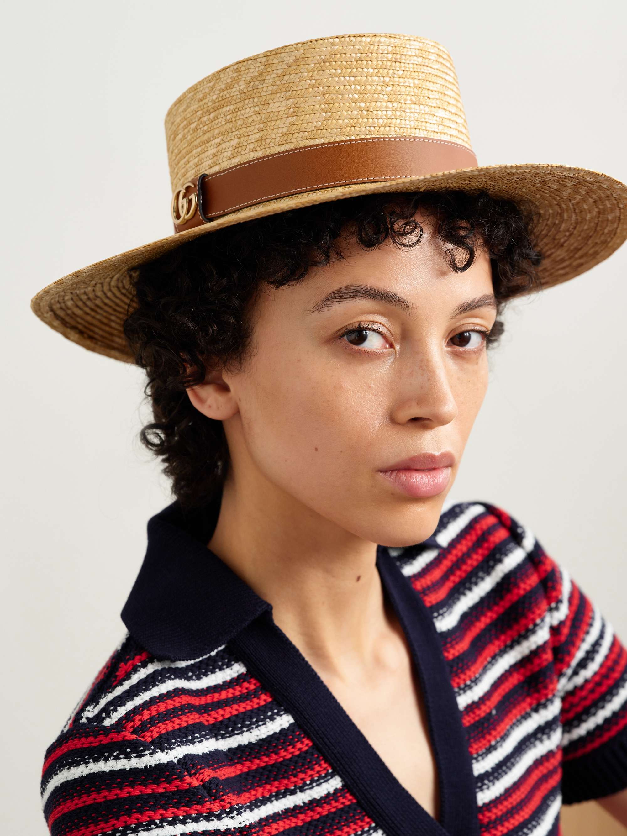 GUCCI Leather-trimmed straw hat | NET-A-PORTER