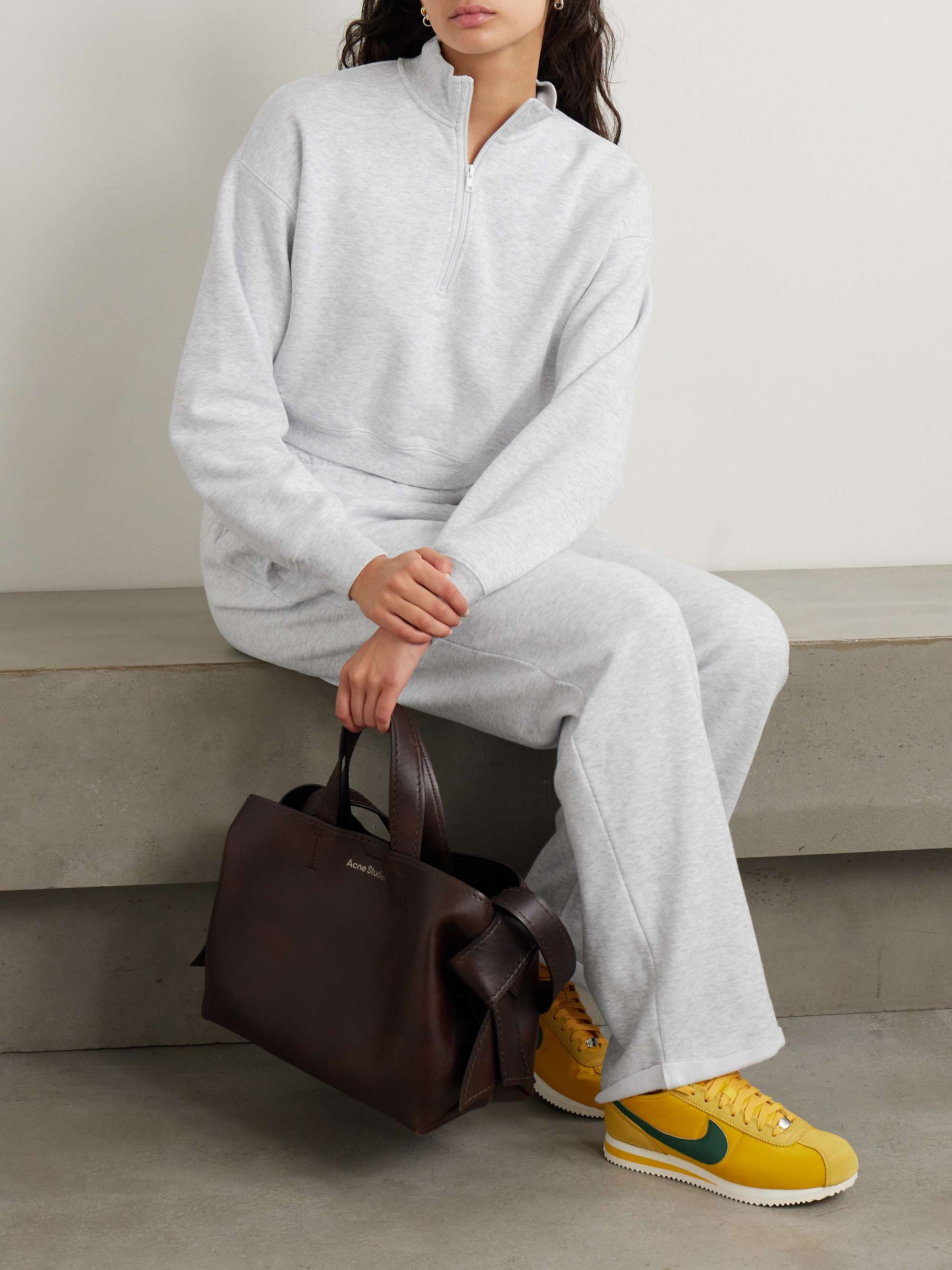 SKIMS Cropped cotton-blend jersey half-zip sweater - Light Heather