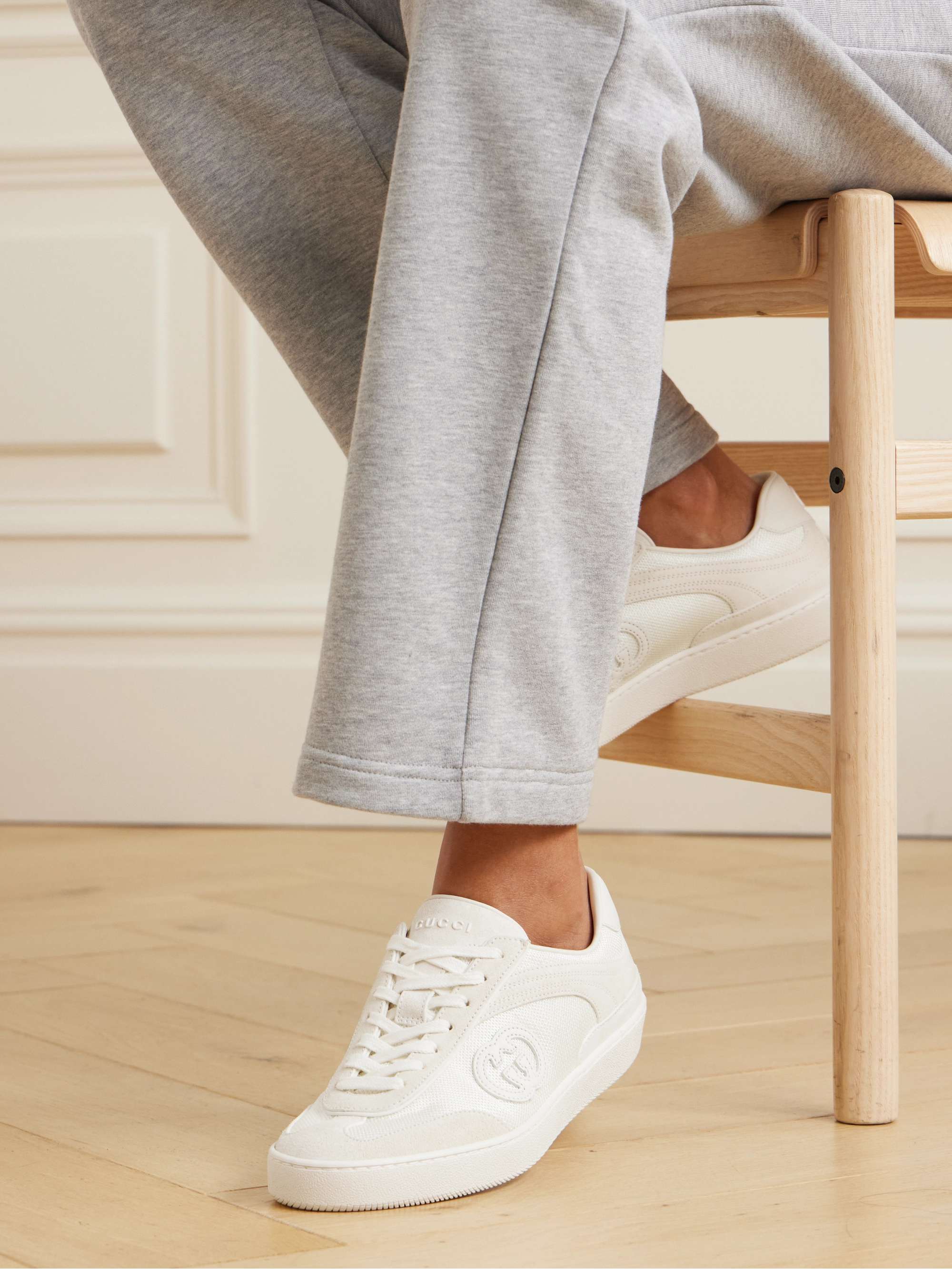 GUCCI Leather-trimmed suede and mesh sneakers | NET-A-PORTER