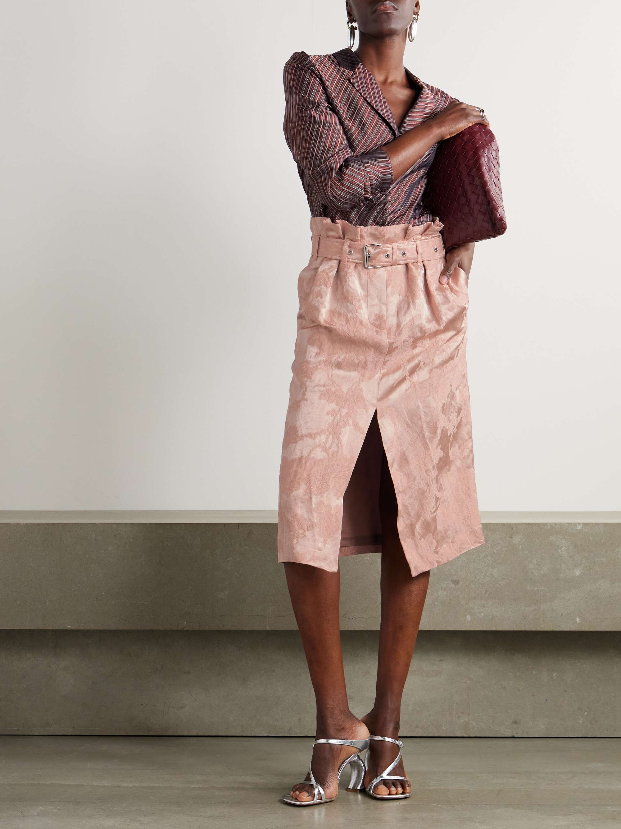 DRIES VAN NOTEN Belted pleated linen-blend jacquard skirt | NET-A