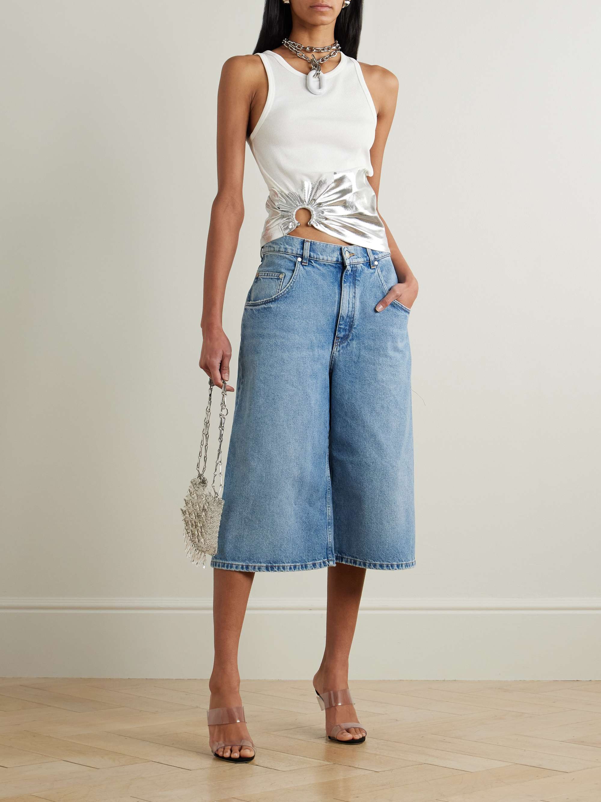 RABANNE Embellished metallic ribbed stretch-cotton jersey tank