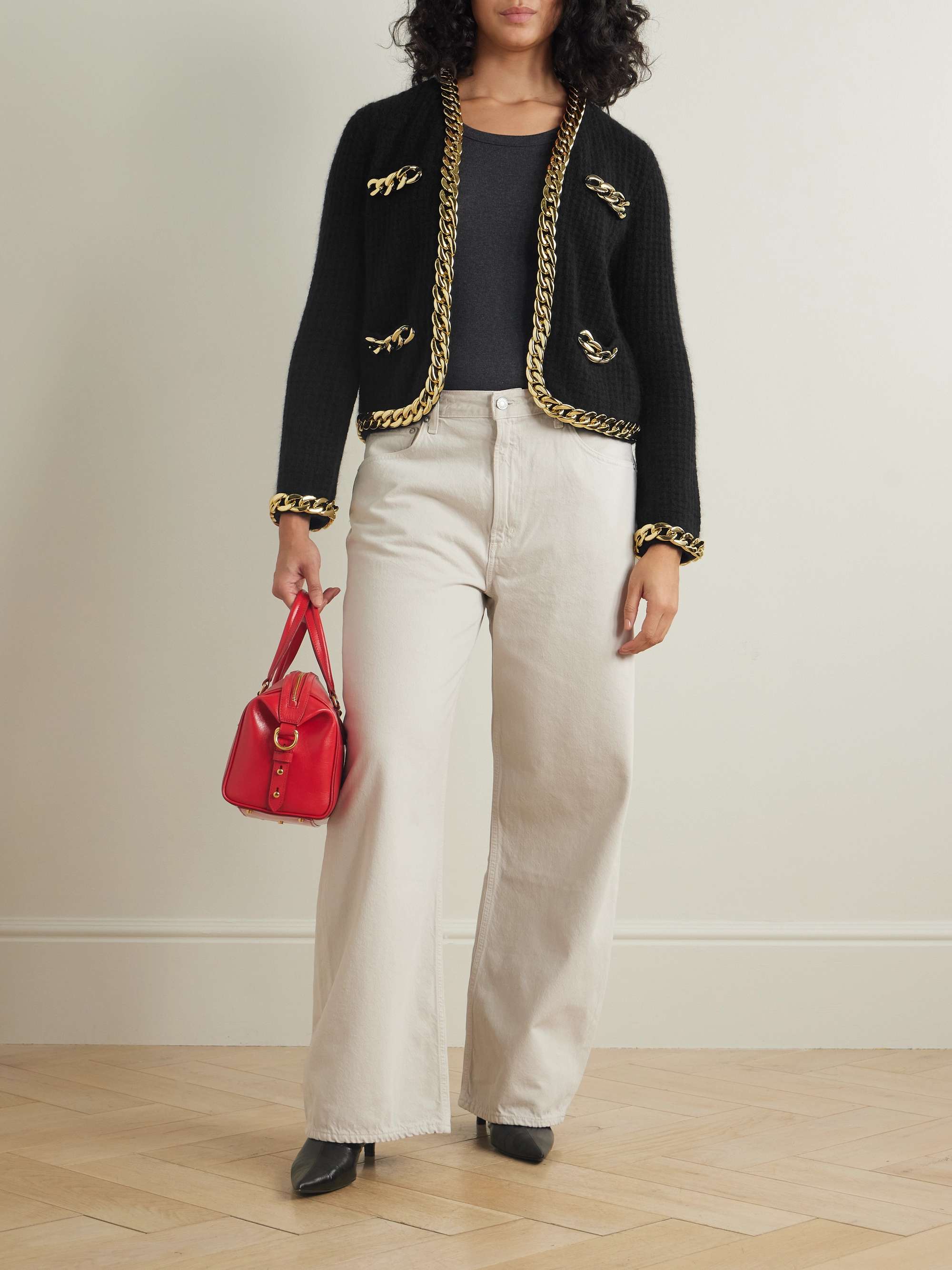 TORY BURCH Kendra chain-embellished waffle-knit cardigan | NET-A