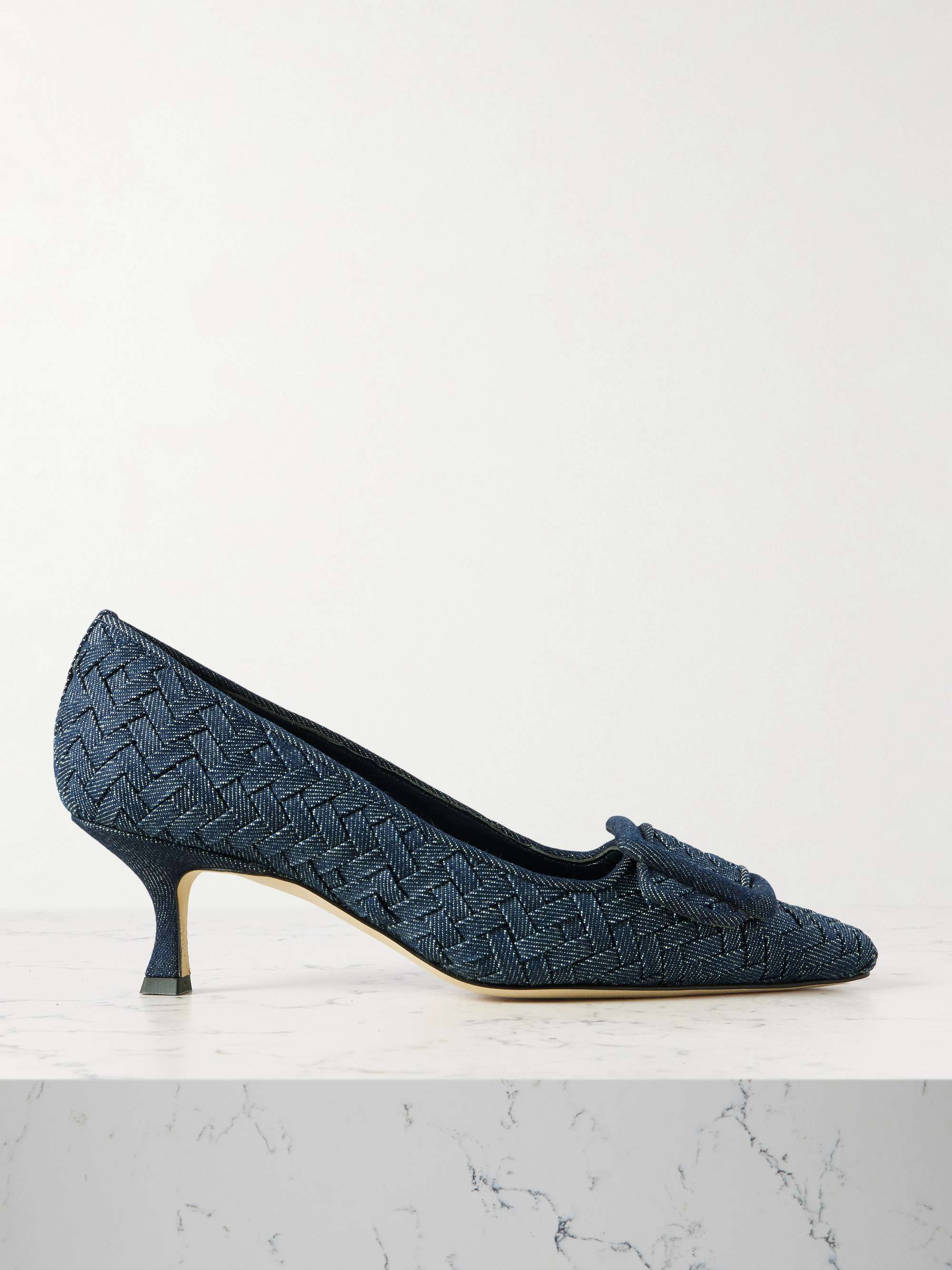 MANOLO BLAHNIK Maysale 70 buckled woven denim pumps | NET-A-PORTER