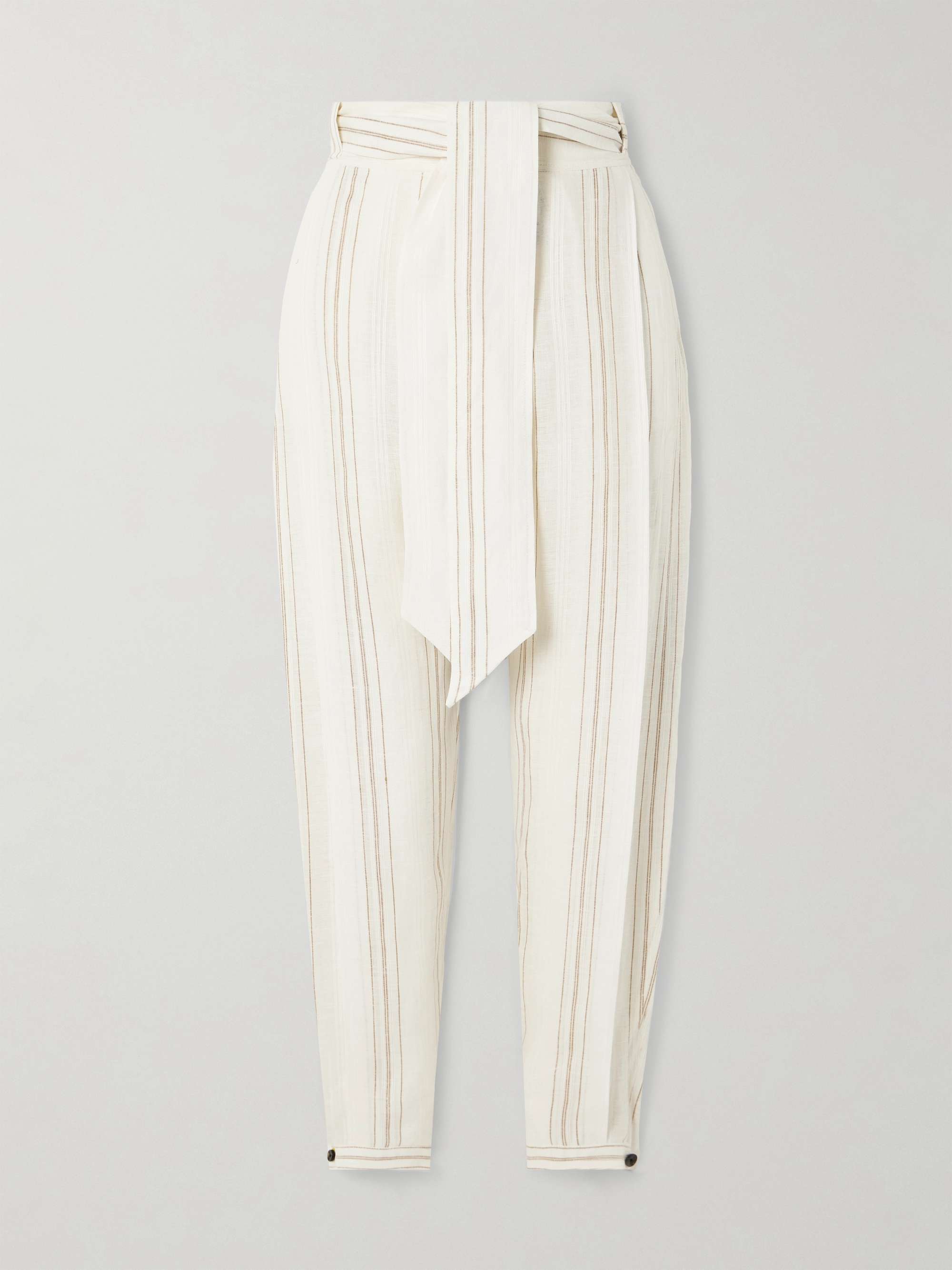 LORO PIANA Gustel belted striped linen tapered pants | NET-A-PORTER