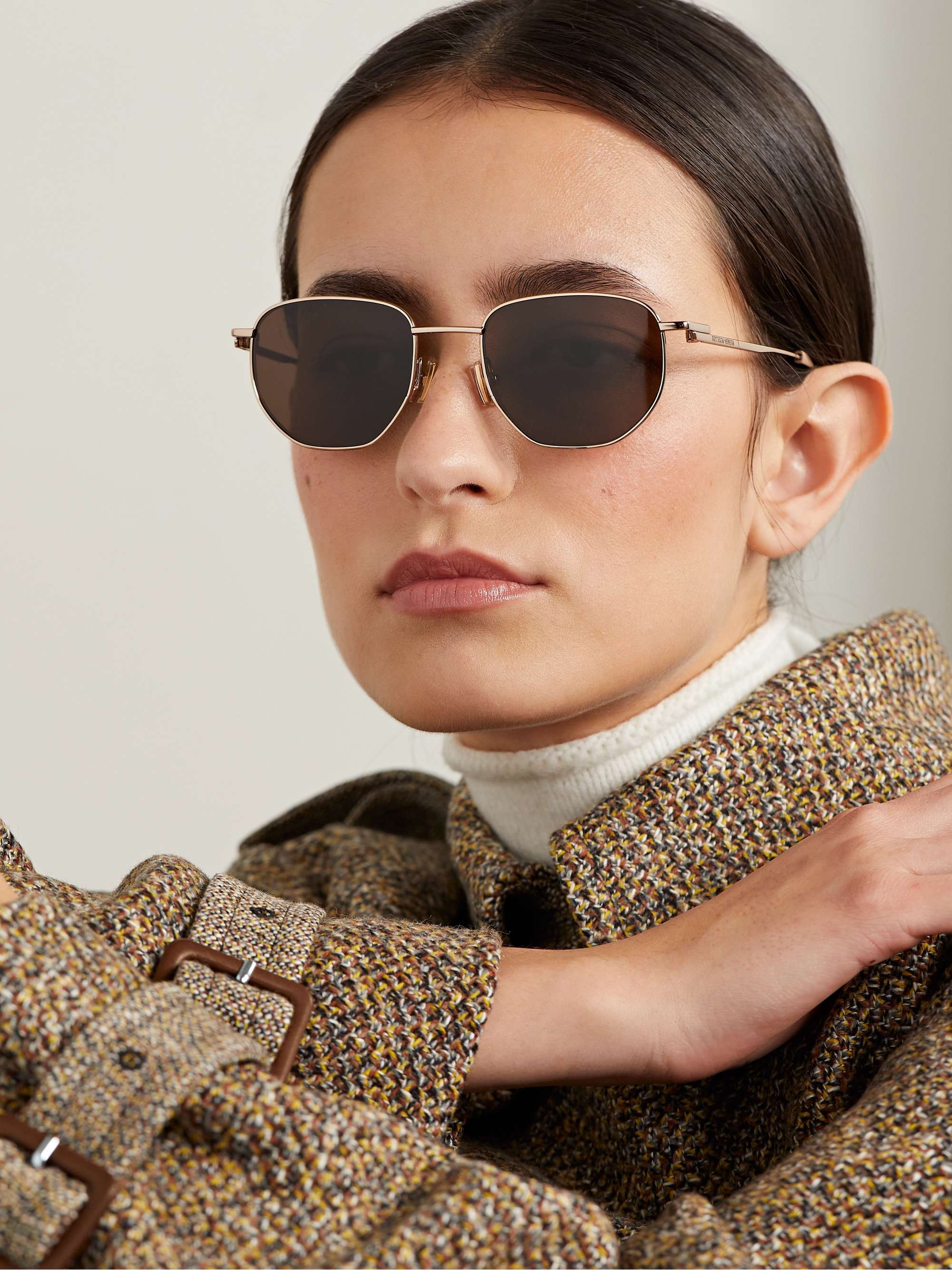 BOTTEGA VENETA EYEWEAR Hexagon-frame rose gold-tone sunglasses