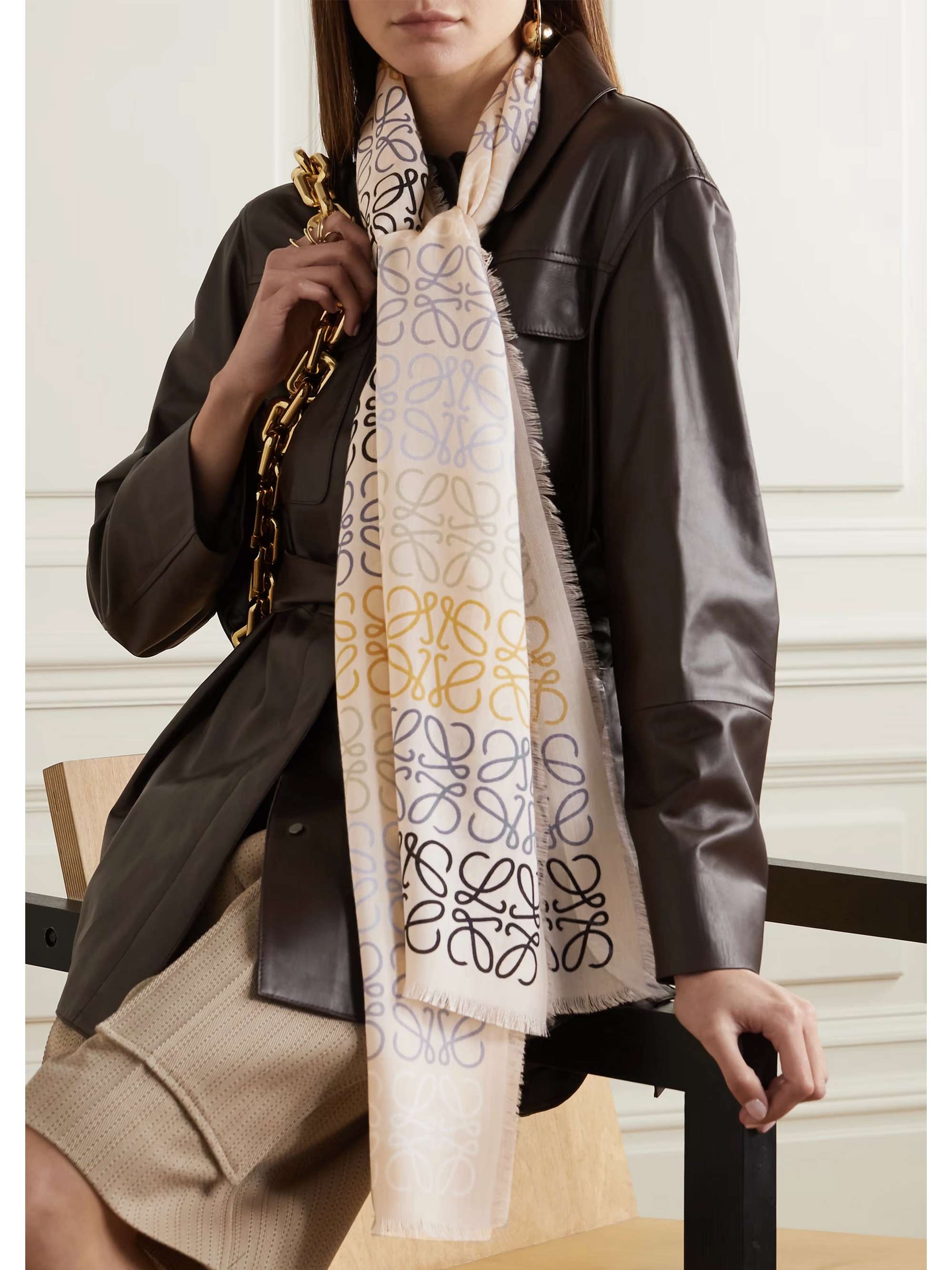 LOEWE Fringed printed wool, silk and cashmere-blend scarf | NET-A