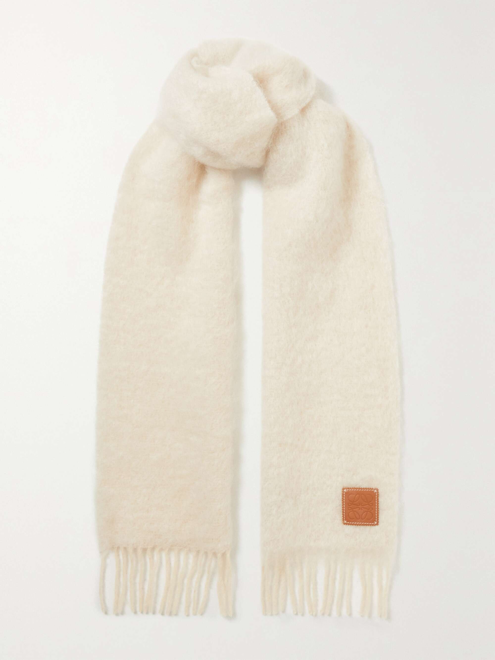 LOEWE Leather-trimmed fringed mohair-blend scarf | NET-A-PORTER