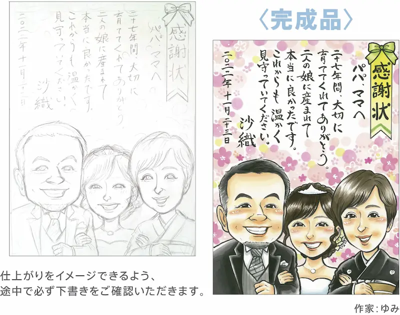 感謝状風似顔絵（結婚式のご両親への贈り物に） - オレンジスマイル