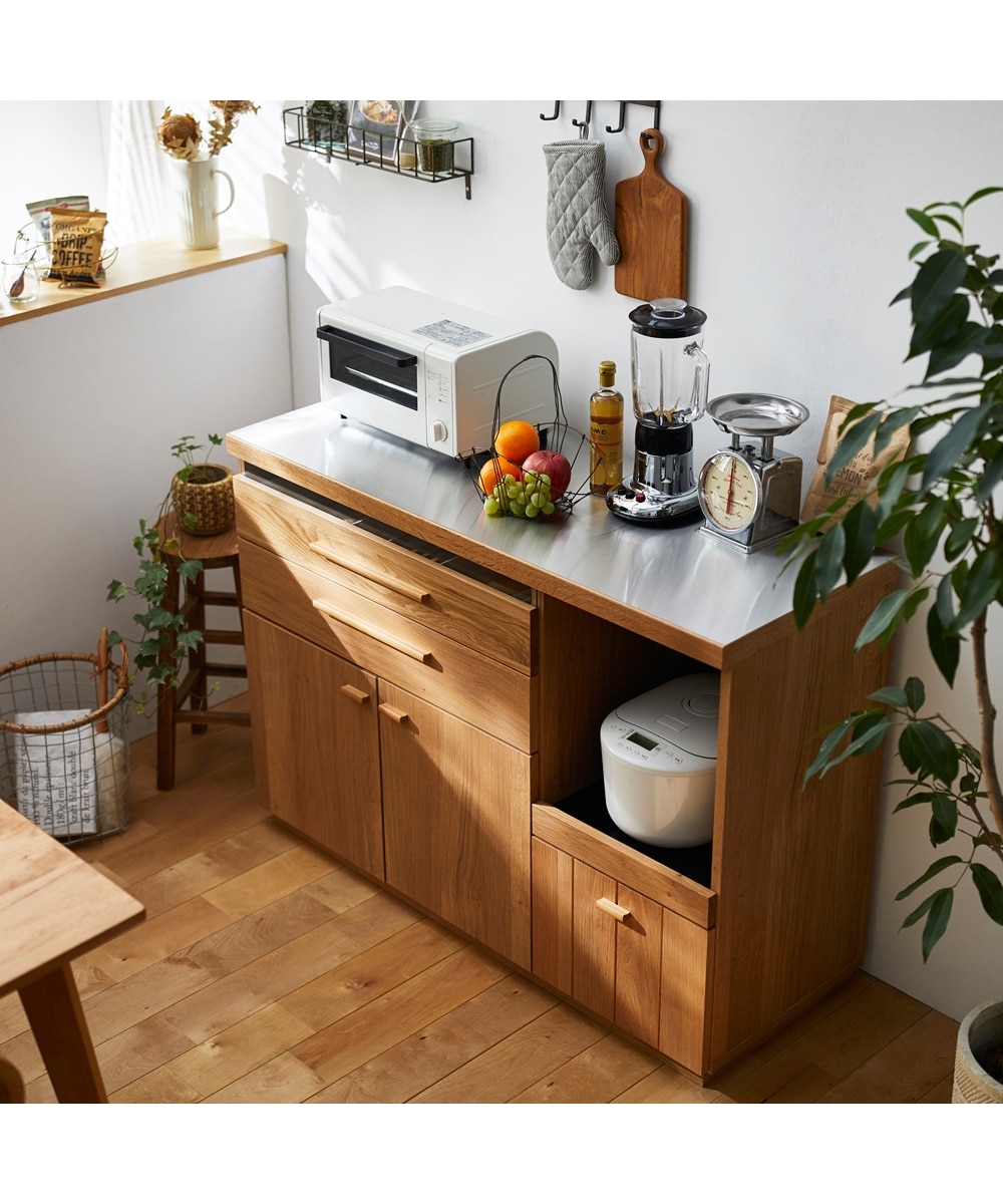 日本製】ステンレス天板の天然木オーク材キッチンカウンター【幅119.5