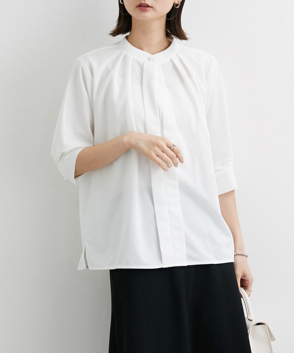 2WAYフロントタック七分袖ブラウス【UVカット・洗濯機OK