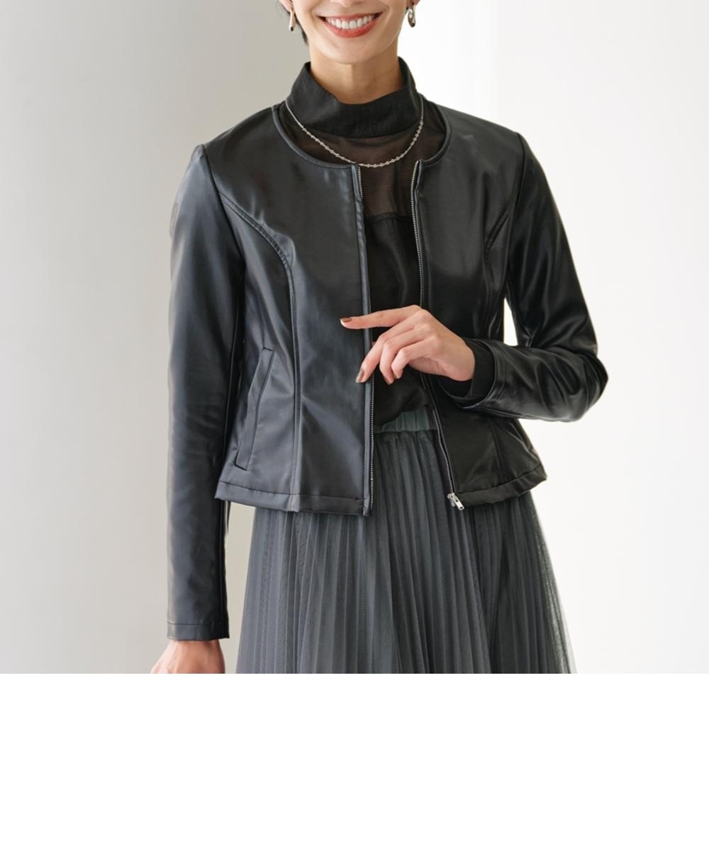 フェイクレザーノーカラージャケット＜大きいサイズ有＞【OtonaSMILE
