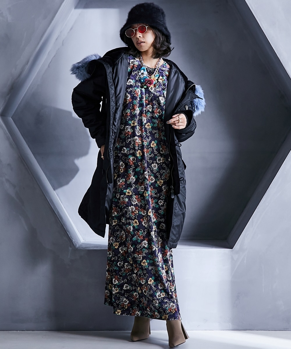 フラワープリントベロアマキシワンピース＜大きいサイズ有＞GEVS. 通販