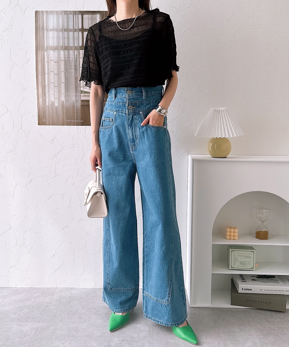 ハイウエストオーバーラップワイドデニムパンツ 通販【ニッセン】