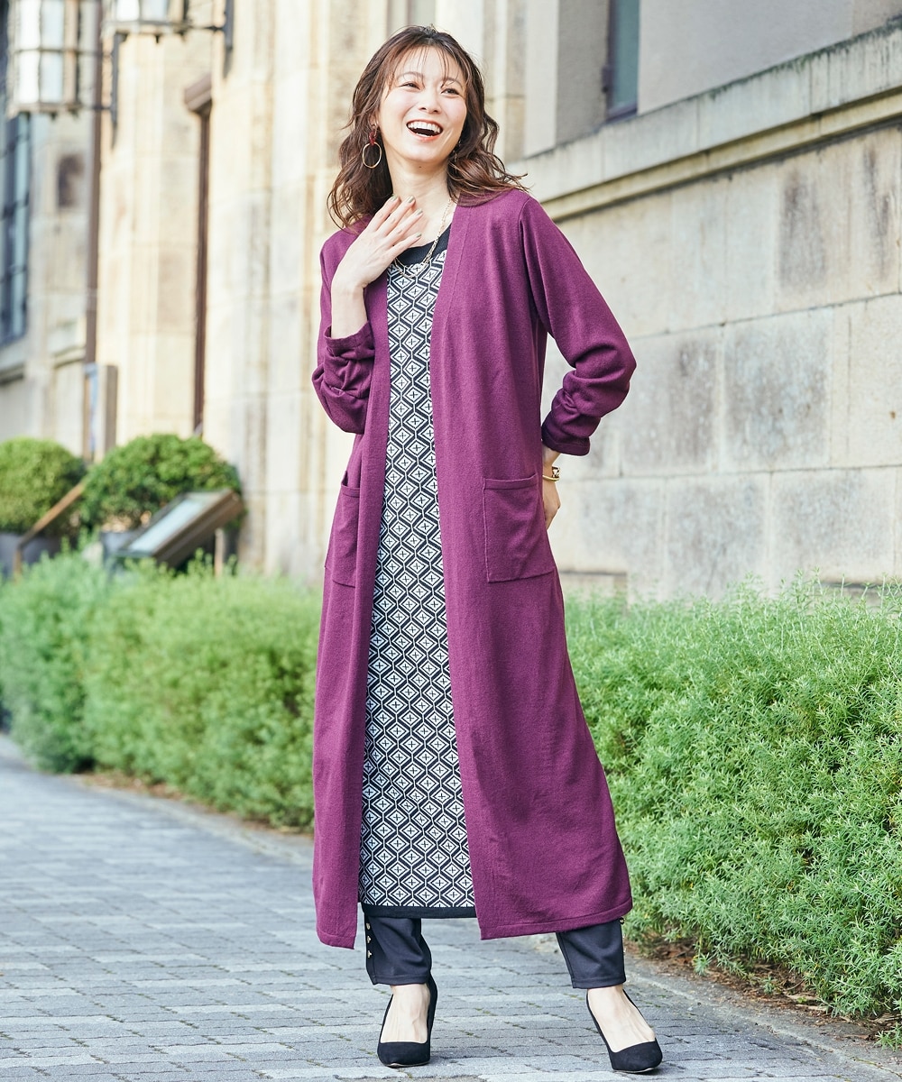 大きいサイズ カーディガン重ね着風ニットロング丈ワンピース 通販