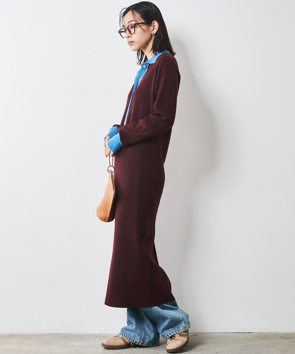 ポロ衿ニットロングワンピース＜大きいサイズ有＞シックスタイル 通販