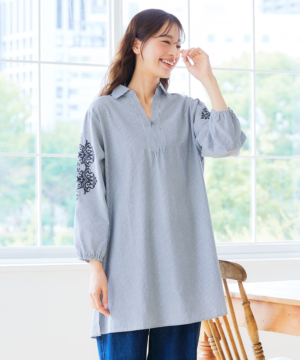 大きいサイズ 刺しゅう使い先染チュニックブラウス 通販【ニッセン】