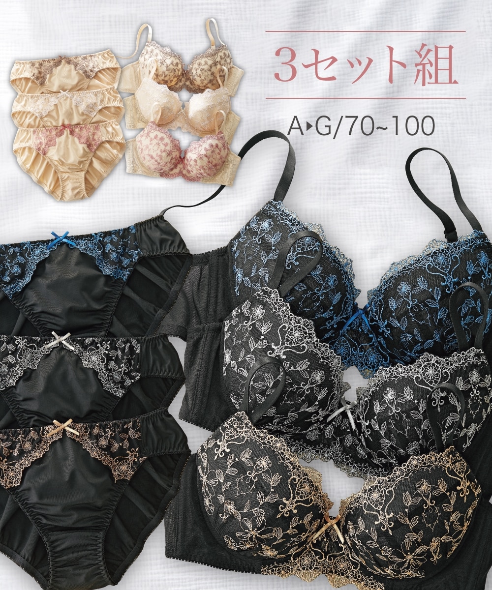 線画刺しゅうブラジャーショーツ3セット組 通販【ニッセン】