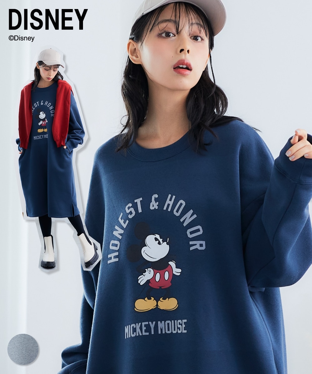 大きいサイズ ミッキープリント裏起毛クルーネックゆるワンピース