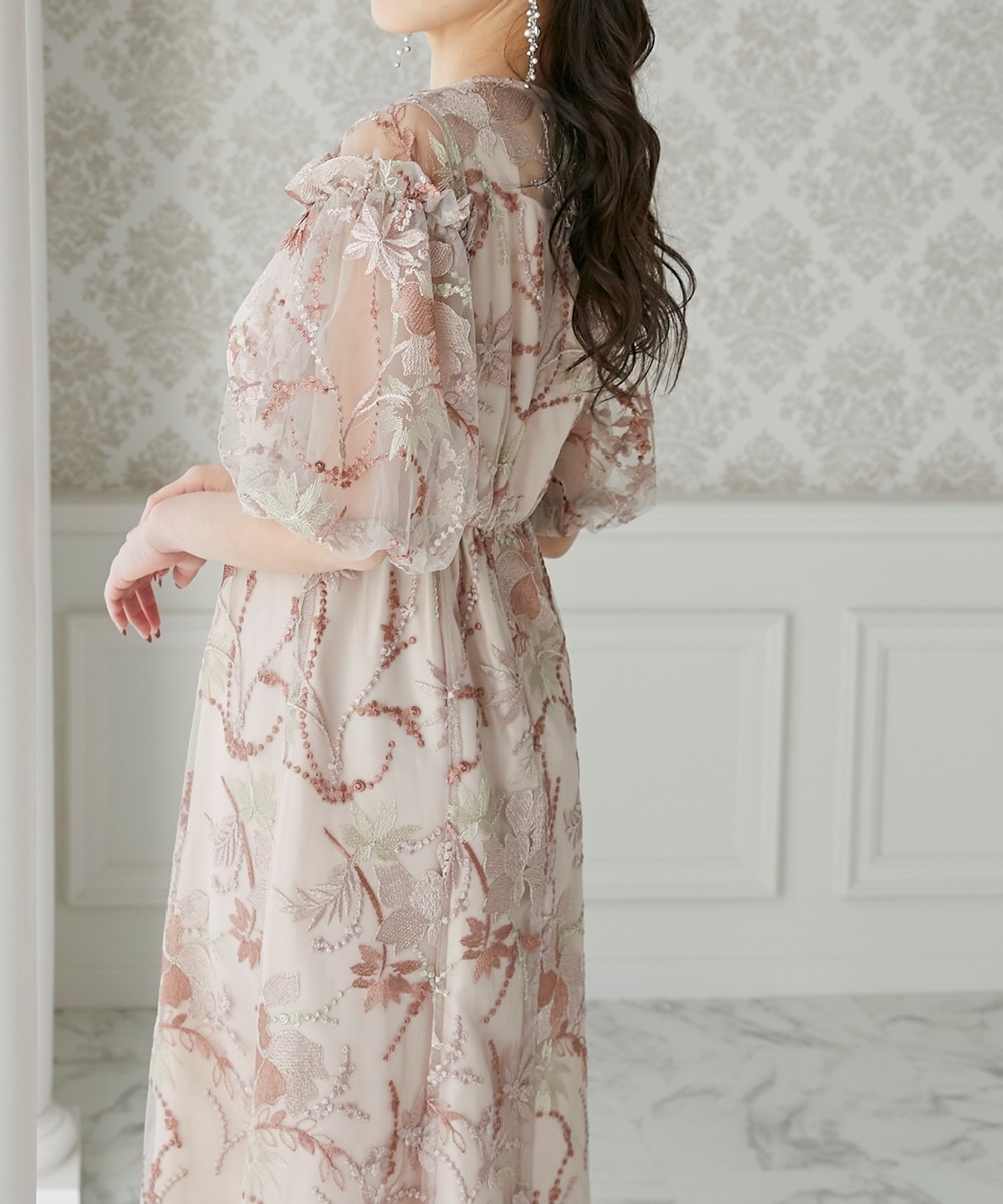 結婚式・パーティードレス】パフスリーブ花柄刺繍ワンピースドレス