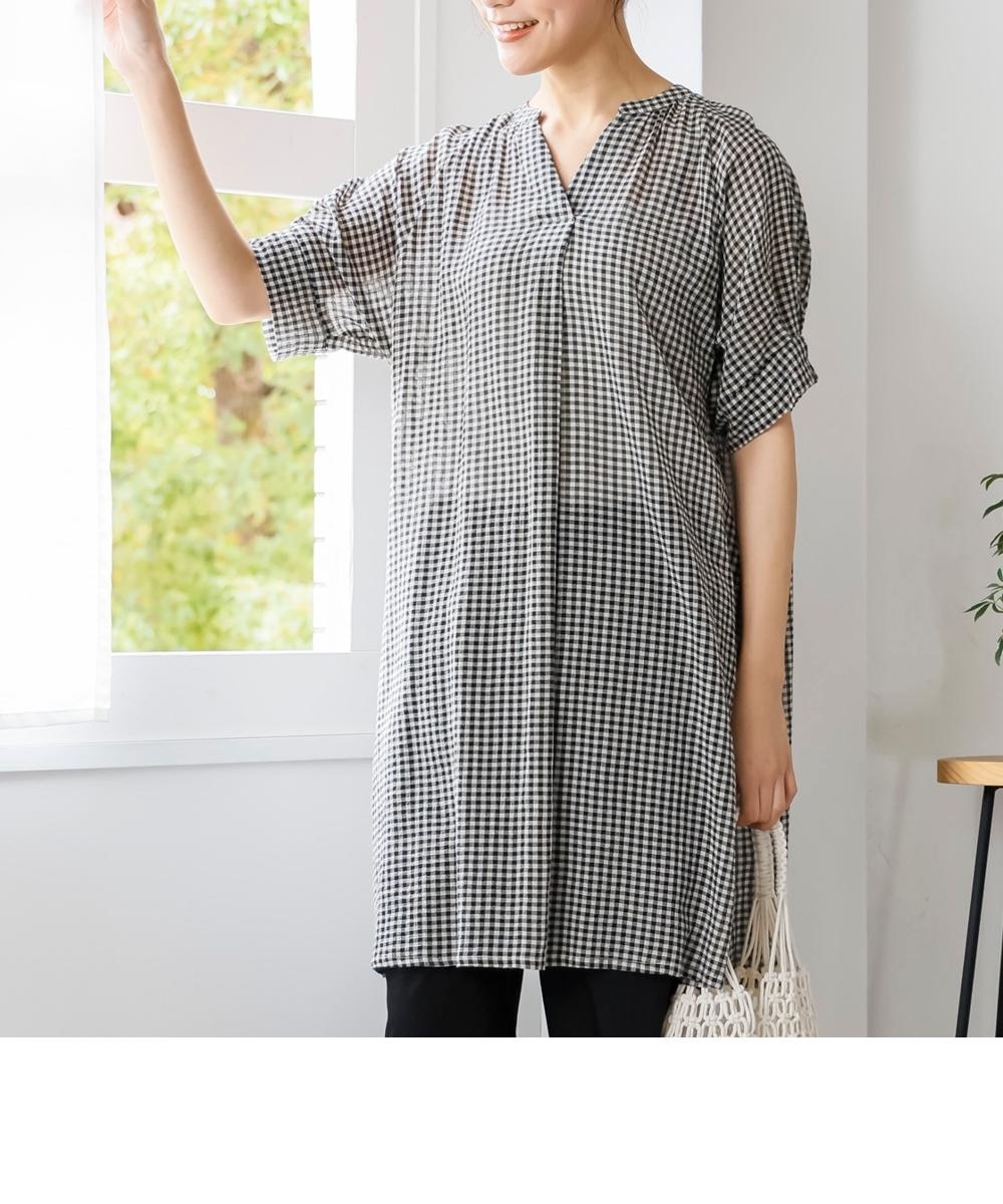 大きいサイズ 綿混涼やか5分袖バンドカラーシャツチュニック（透け