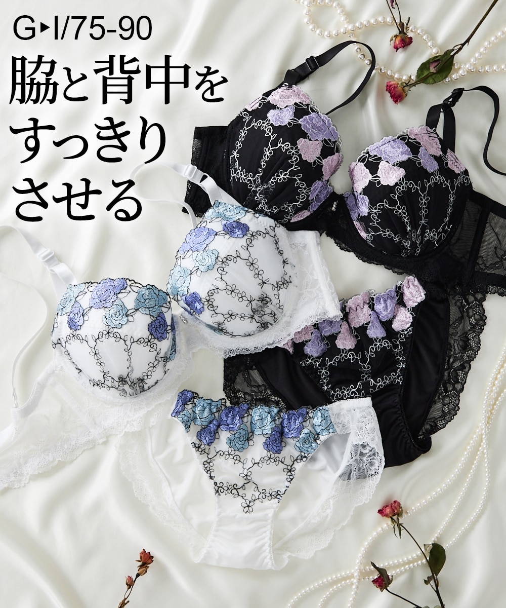大きい胸】脇高ゴージャスローズ刺しゅうブラジャーショーツセット