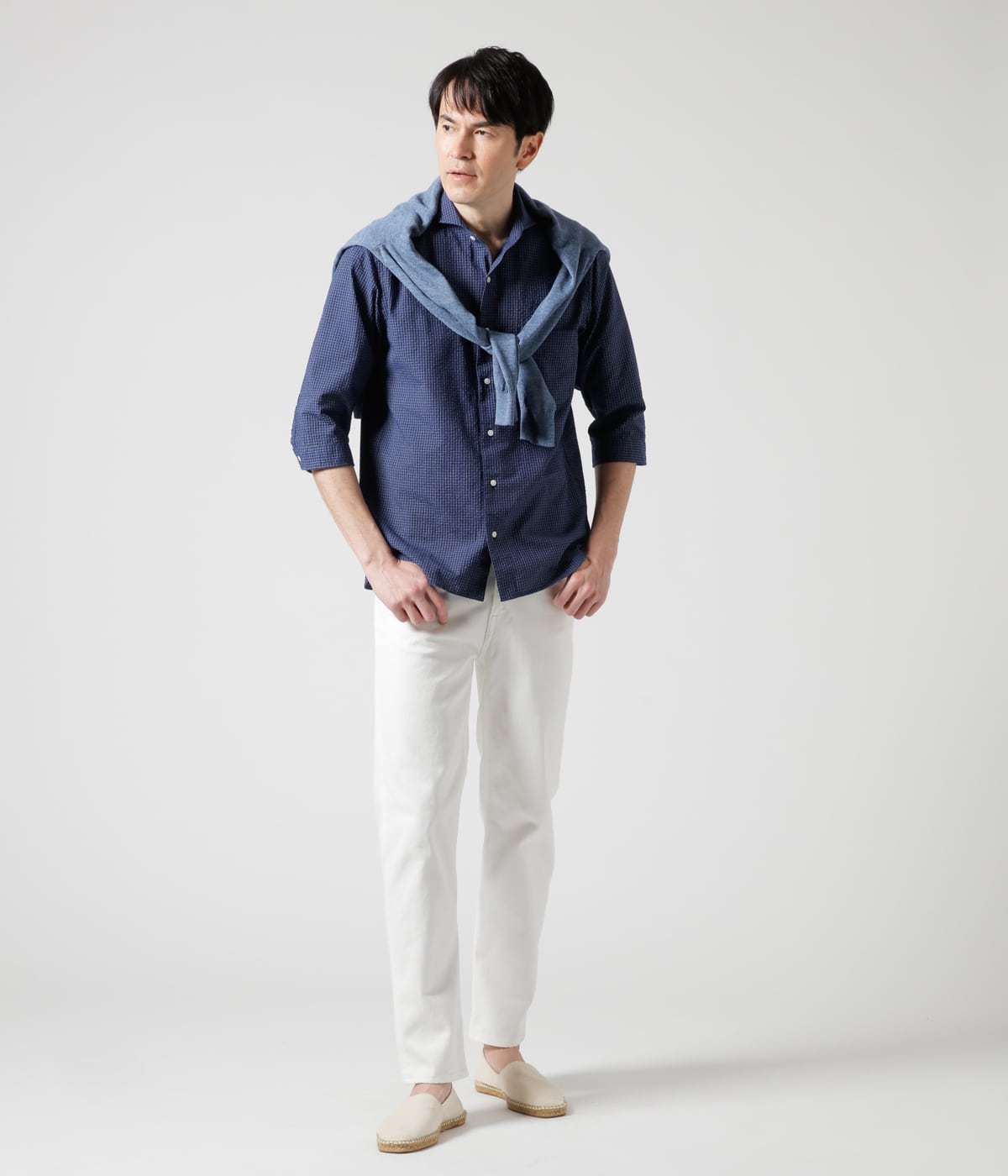 ストレッチ】サッカー グラフチェック 七分袖カッタウェイカラーシャツ