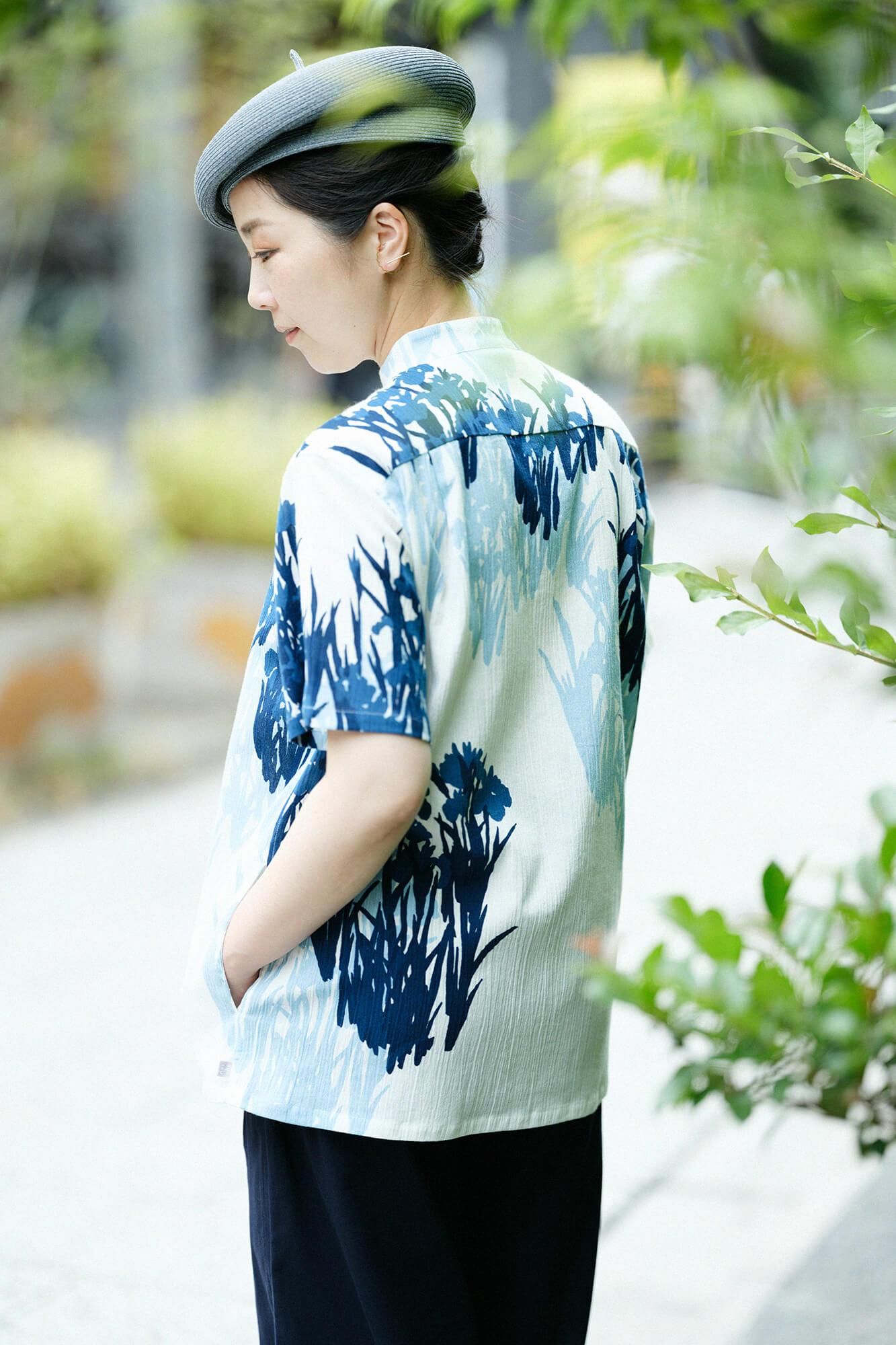 net限定】高島縮 20/20 藍捺染（あいなせん） スタンドカラー半袖