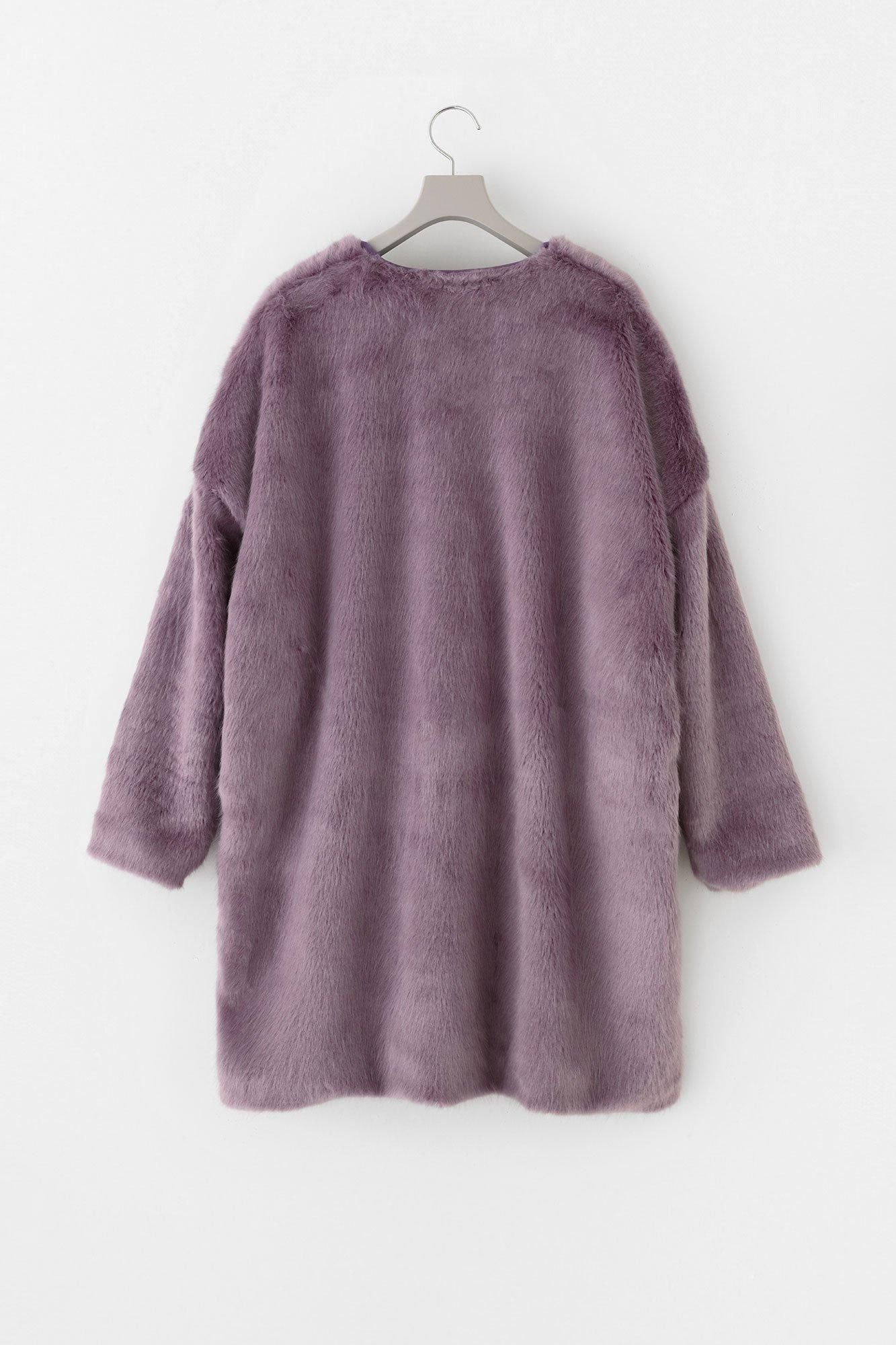net限定】フェイクファー Vネック ライトチュニックコート／藤紫（ふじ