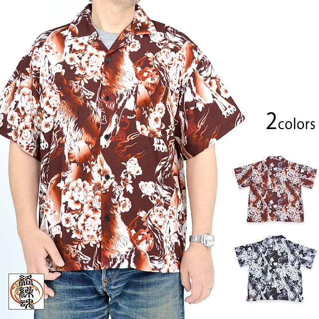 狼牡丹アロハシャツ 絡繰魂 242883 和柄 和風 オオカミ からくり