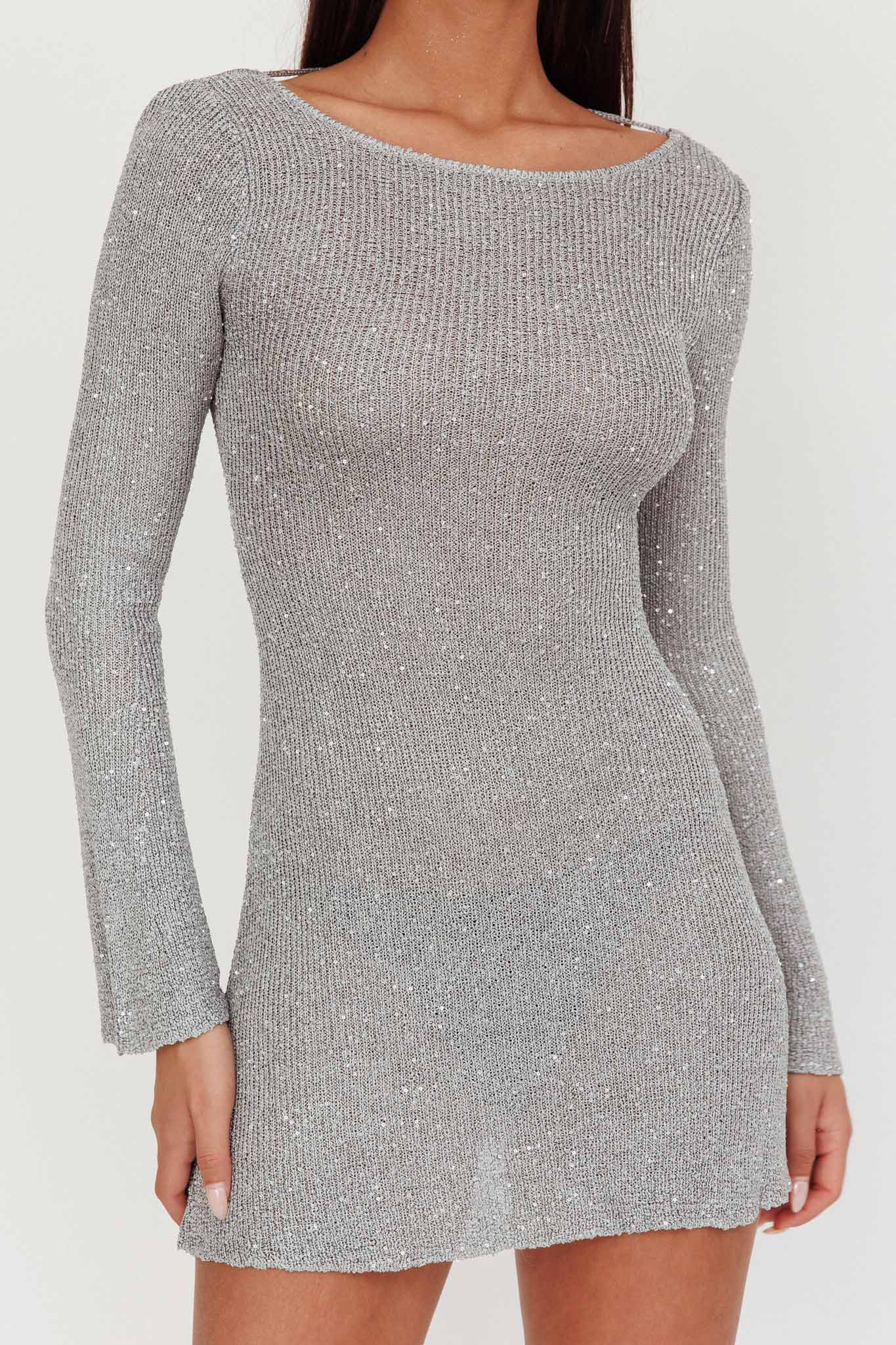 Shop the Cosmic Scoop Back Sequin Knit Mini Dress Silver