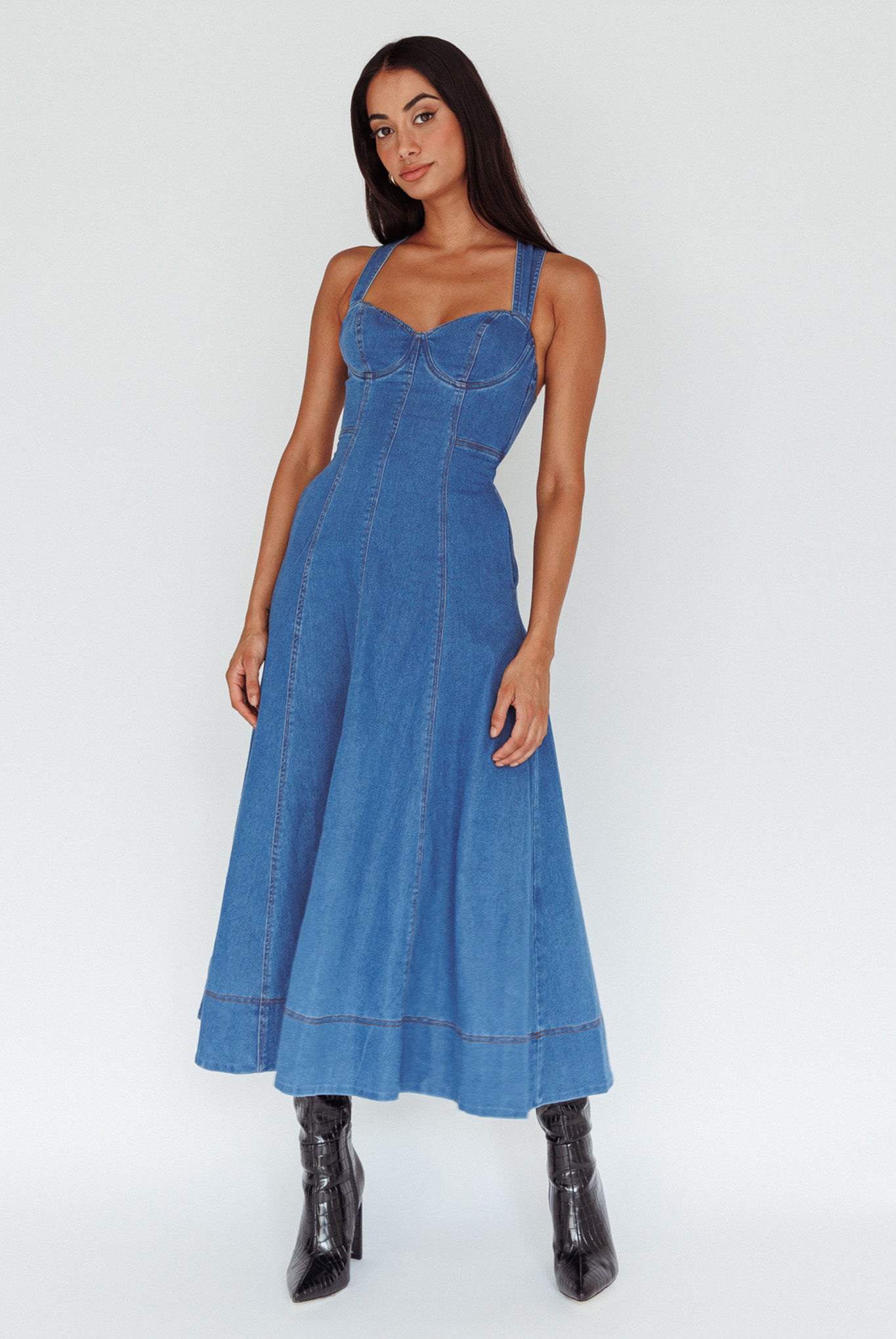 Shop the Ellora Criss-Cross Back Denim Maxi Dress Navy